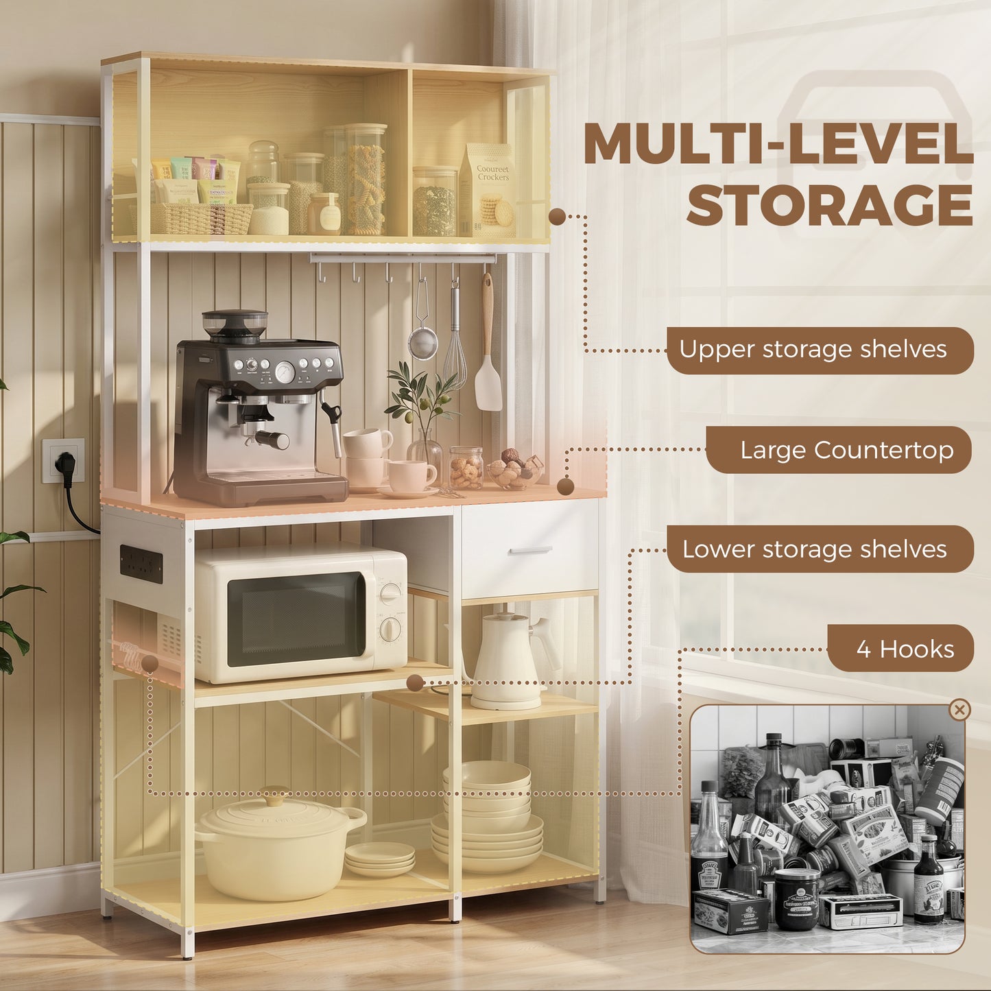 HOMCOM Kitchen Storage Rack with Power Outlet, USB and Type-C Ports, Drawer, Shelves and 4 Hooks, Oak and White