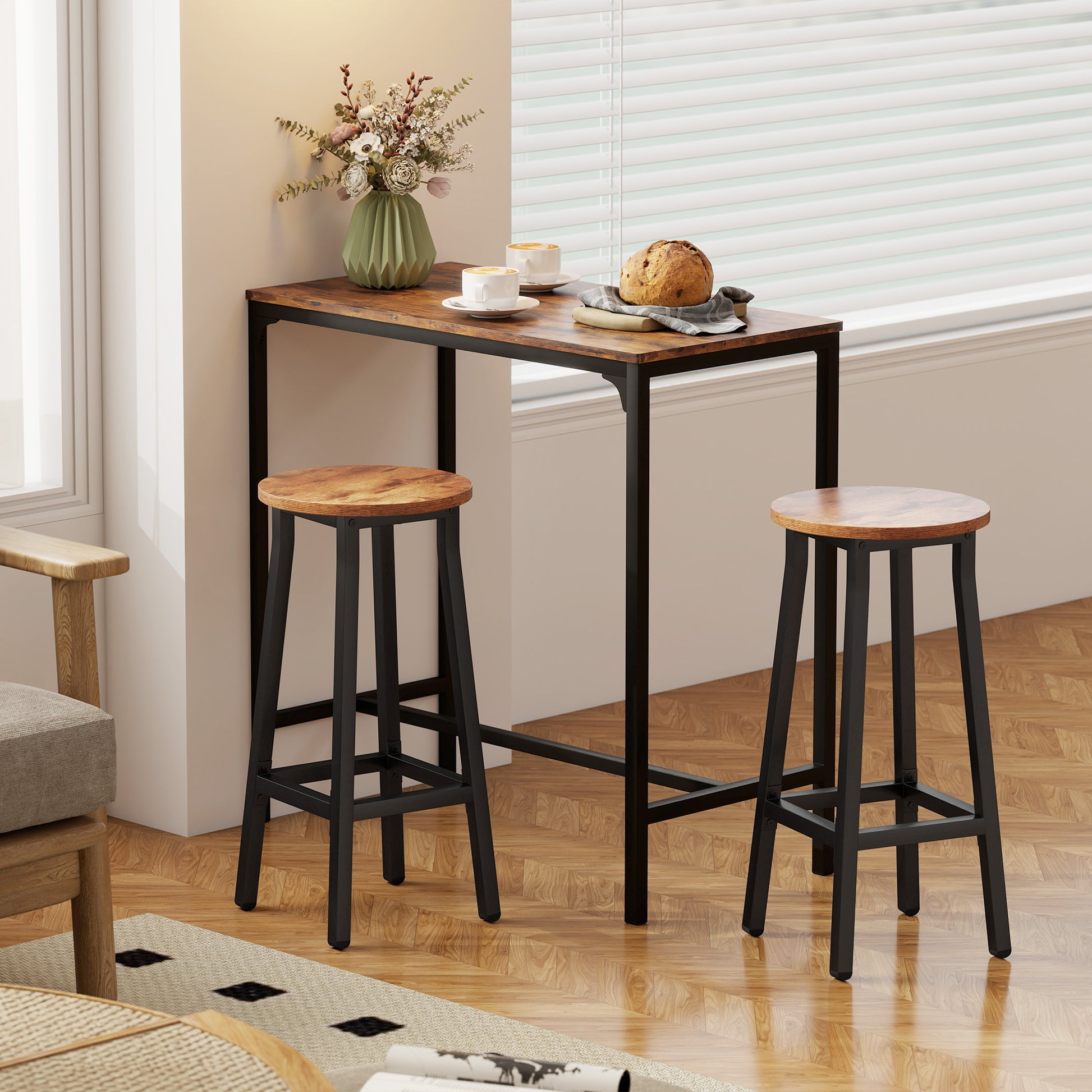 HOMCOM Bar Stools Set of 2 Breakfast Bar Stools with Footrest, Industrial Round, 32 x 32 x 65 cm, Rustic Brown