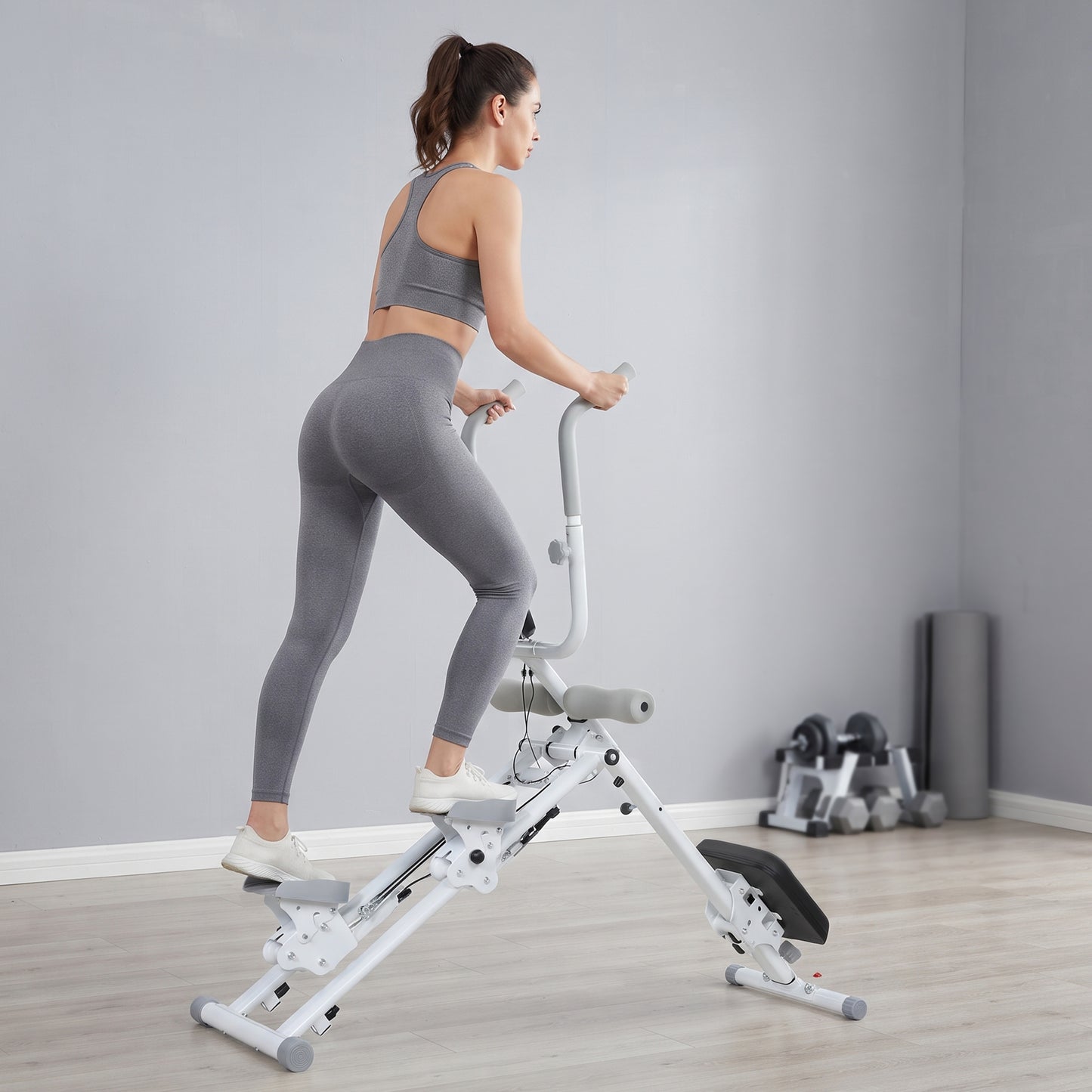 SPORTNOW 2-in-1 Ab Machine and Stair Stepper, Foldable Ab Trainer and Climbing Machine with LCD Monitor for Home Gym, White
