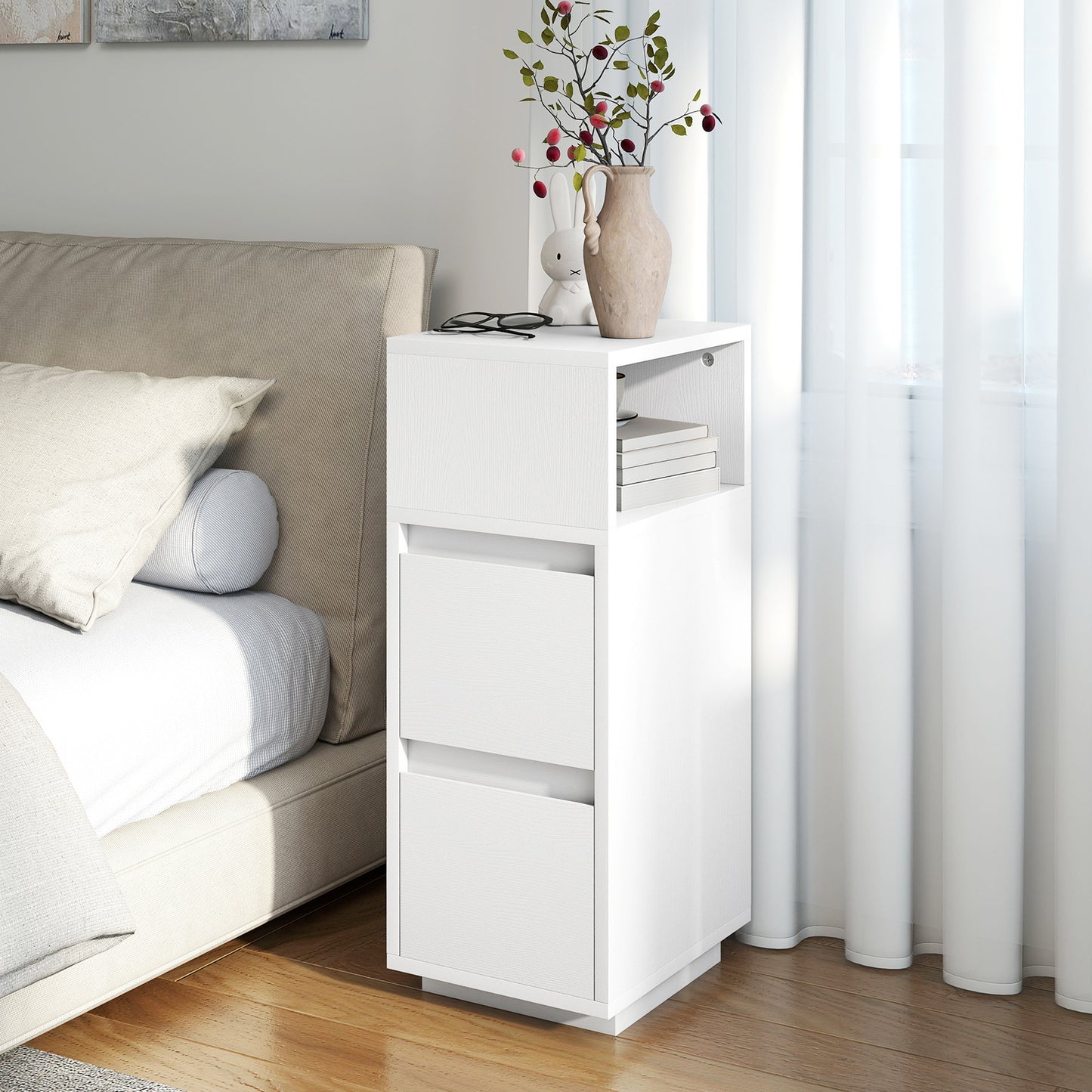 HOMCOM Slim Bedside Table, Narrow Bedside Cabinet with Open Shelf and 2 Drawers for Bedroom, Living Room, White