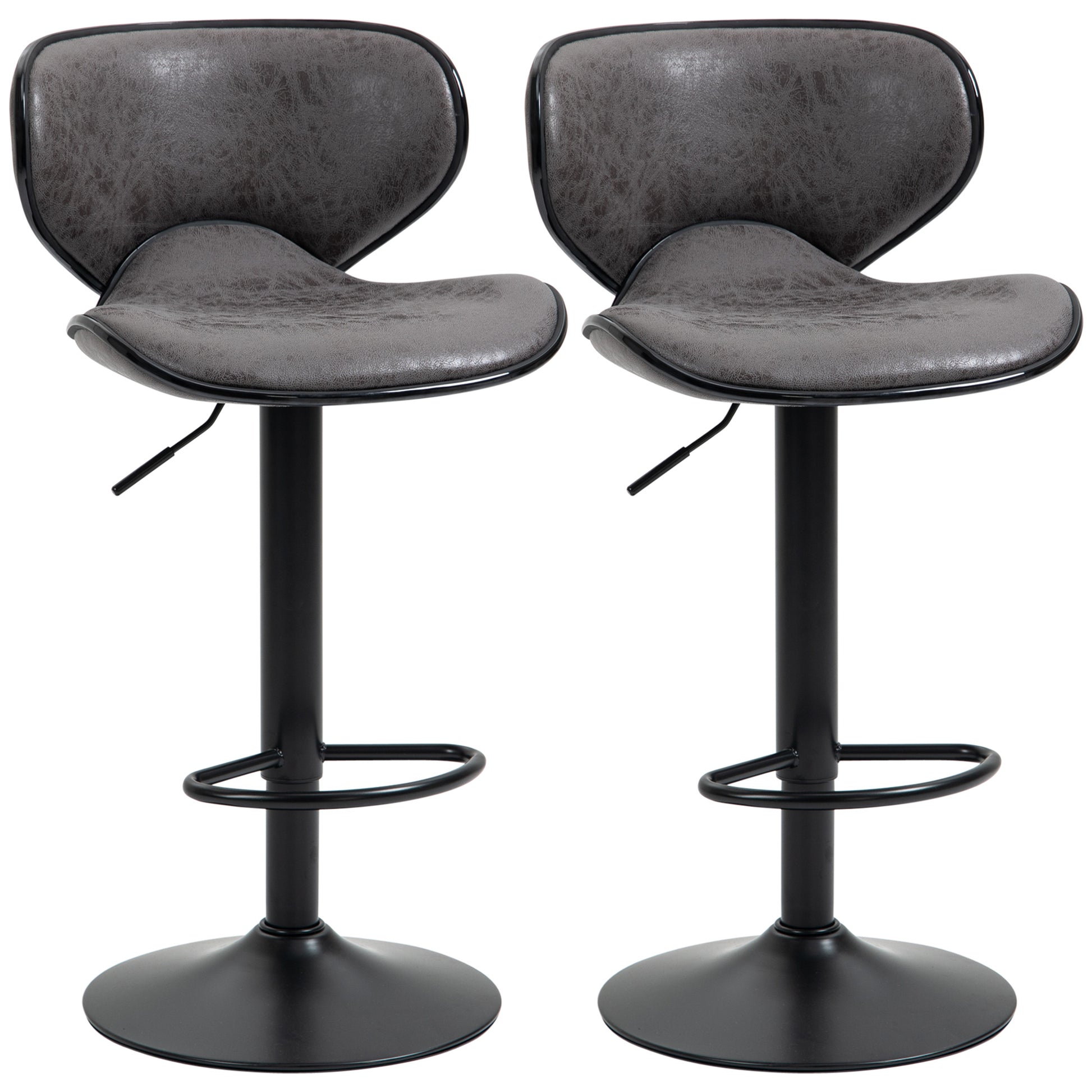 HOMCOM Kitchen Stools Set of 2 61-81cm Sitting Height Leather Upholstered Bar Chairs, Dark Grey