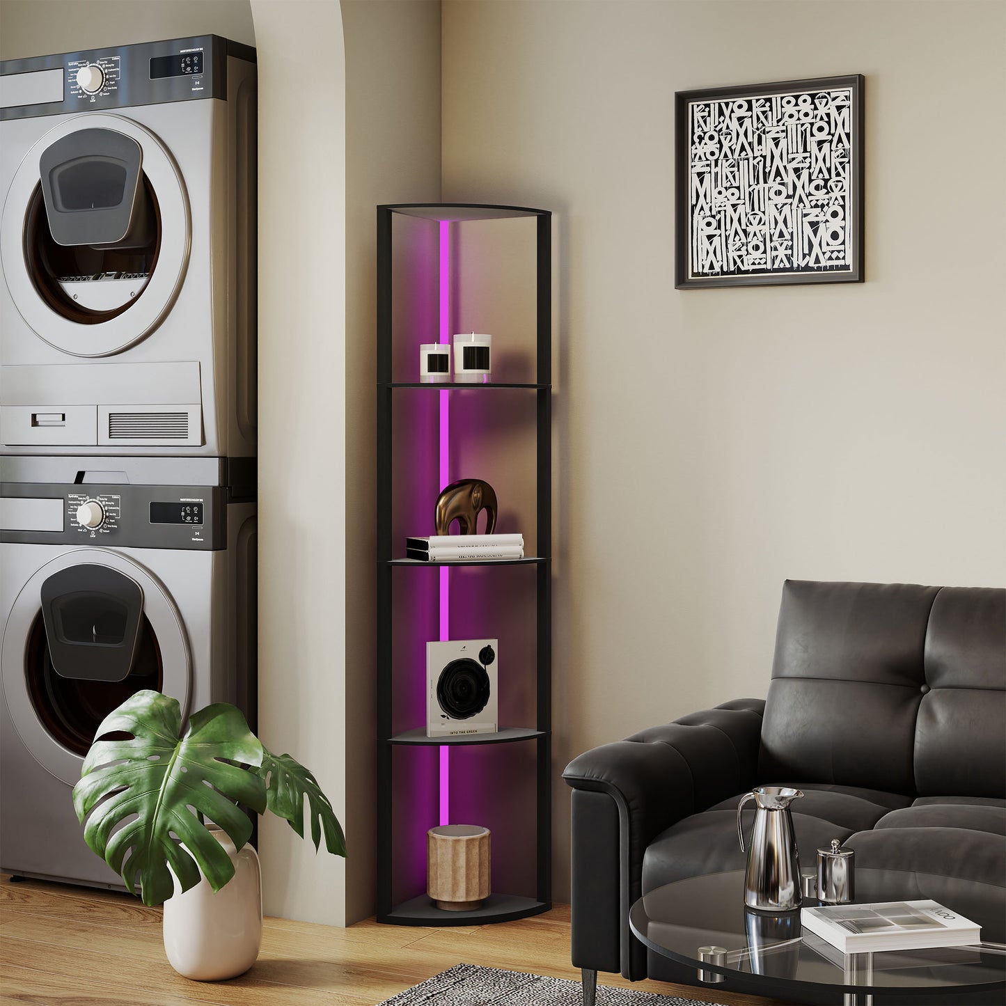 HOMCOM RGB LED Floor Lamp with Shelves, 5-Tier Dimmable Standing Lamp with Adjustable Brightness and Remote Control, Modern Corner Display Shelf Unit for Living Room Bedroom Office, Black