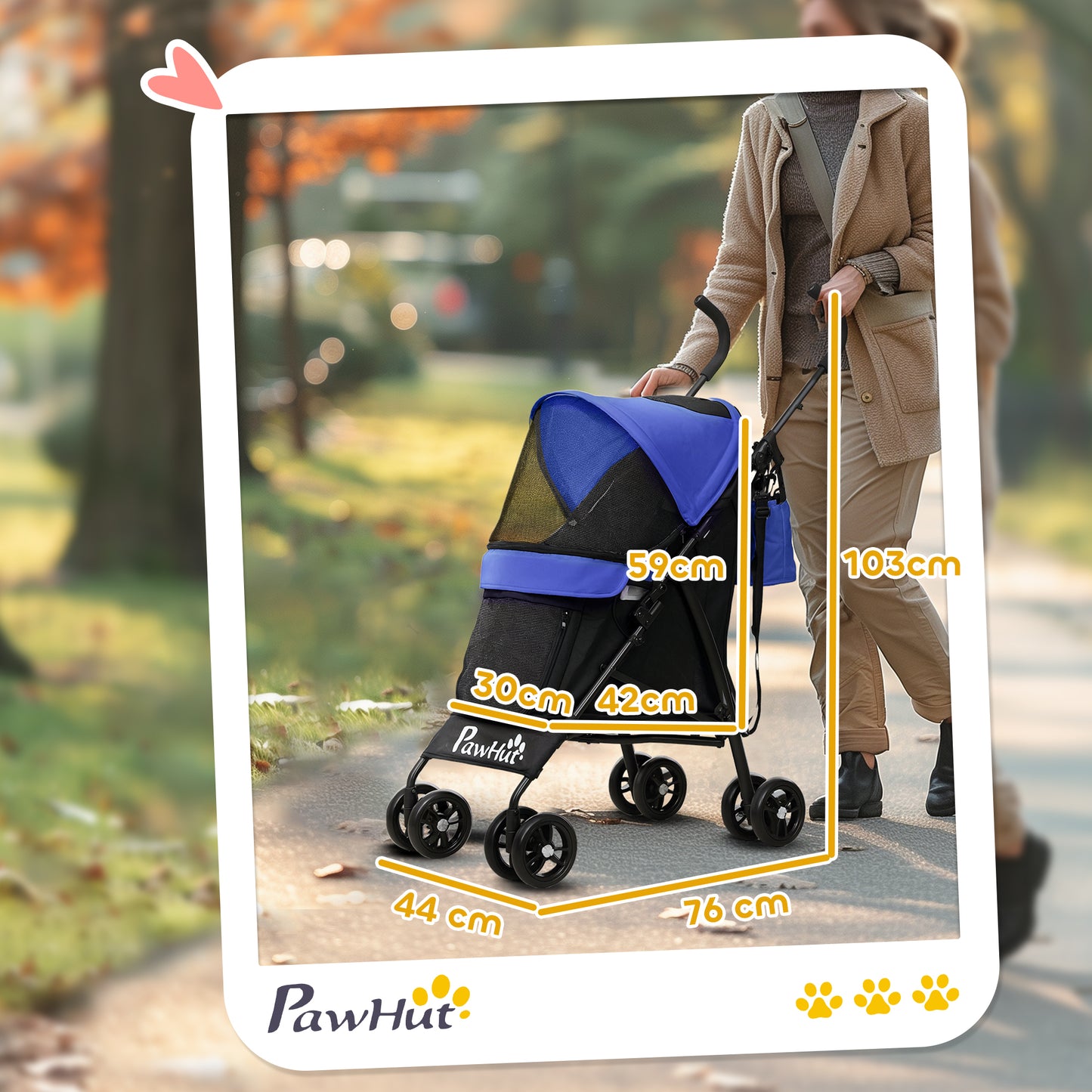 PawHut Foldable Dog Stroller, Lightweight Dog Pram w/ Shoulder Strap, Storage Bag, Cup Holder, Dark Blue