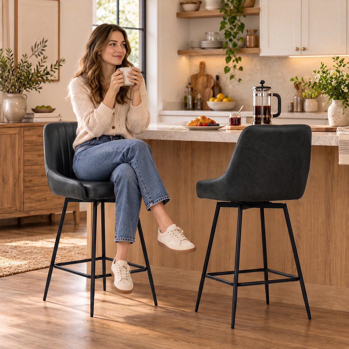 HOMCOM Bar Stools Set of 2, Swivel Counter Height Barstools with PU Leather, for Kitchen Island, Dining Room, Dark Grey