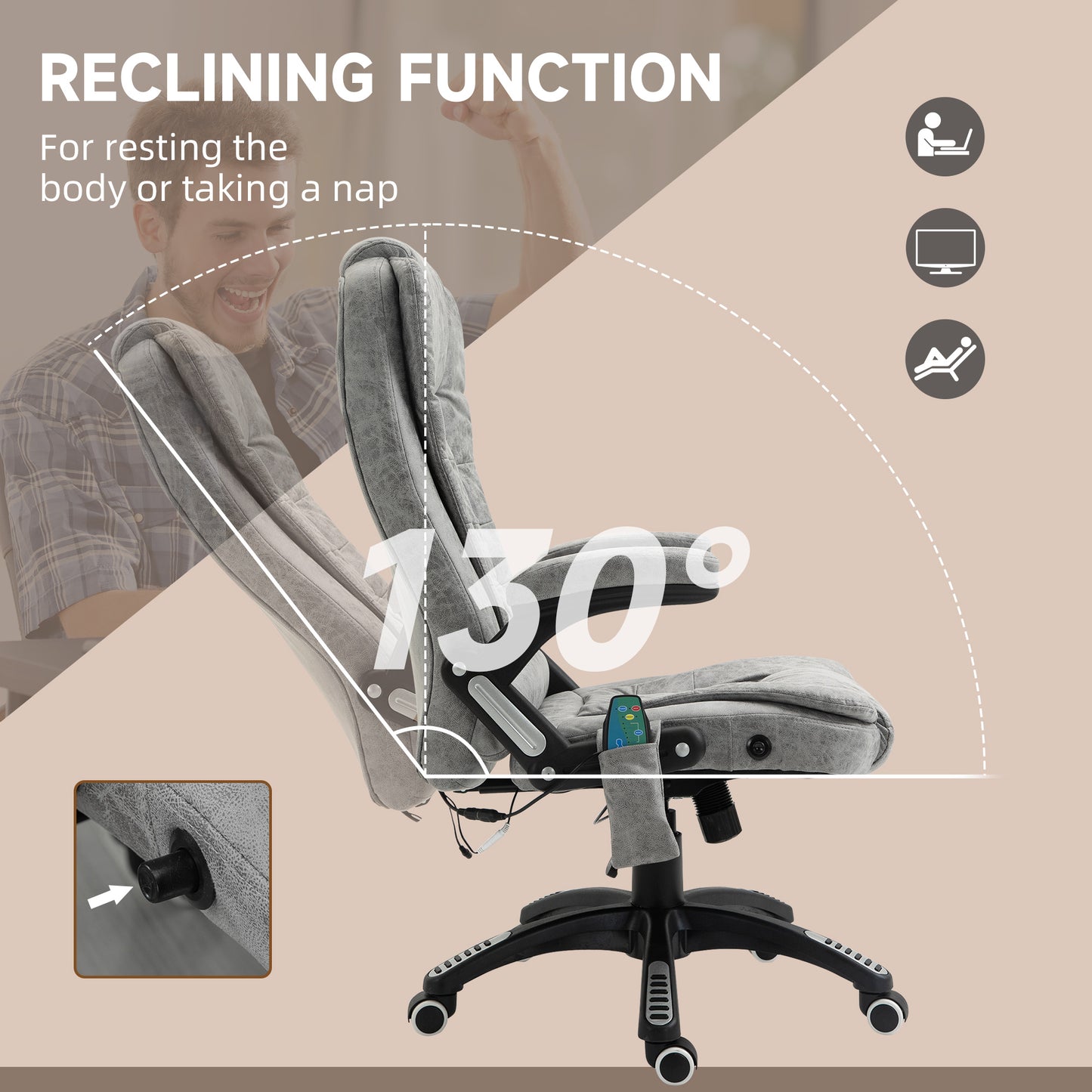 Vinsetto Massage Recliner Chair Heated Office Chair with Six Massage Points Microfiber Cloth 360Â° Swivel Wheels Grey