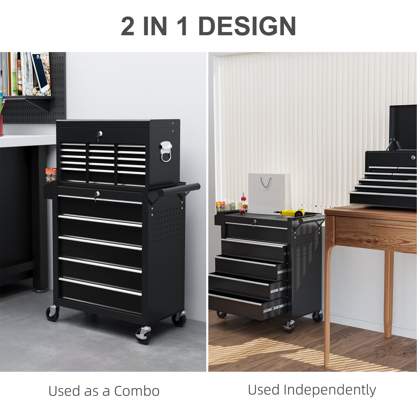 HOMCOM 14 Drawer, Two-Part Tool Storage Chest on Wheels - Black