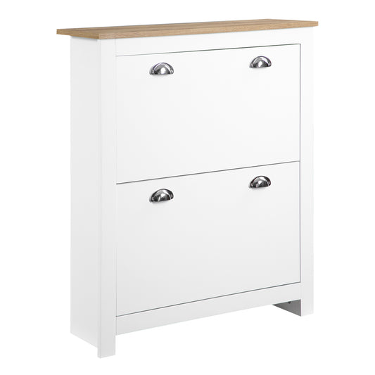 HOMCOM 2 Drawer Shoe Cabinet Modern Narrow Shoe Cupboard Hallway Wooden Storage Organiser with Flip Doors Adjustable Shelf for 6-12 Pairs, White