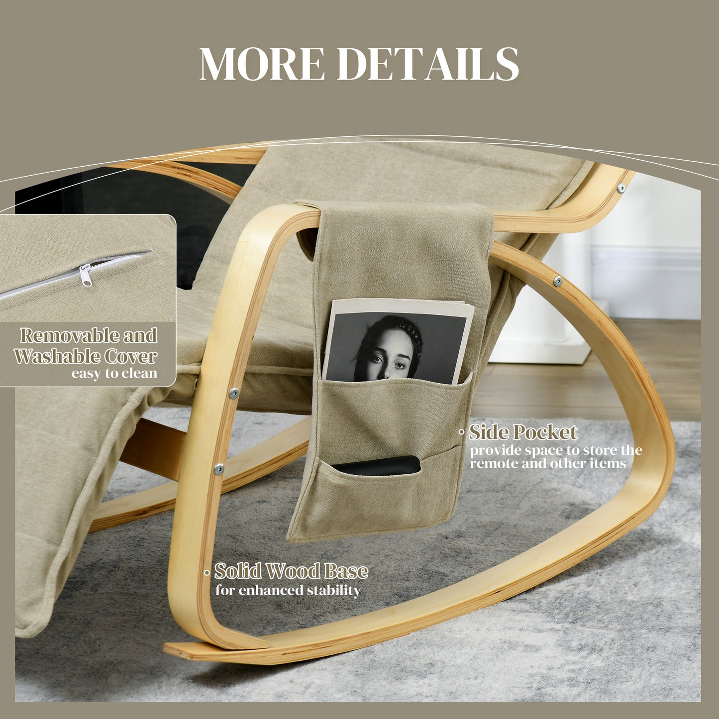 HOMCOM Rocking Lounge Chair Recliner Relaxation Lounging Relaxing Seat with Adjustable Footrest, Side Pocket and Pillow, Khaki