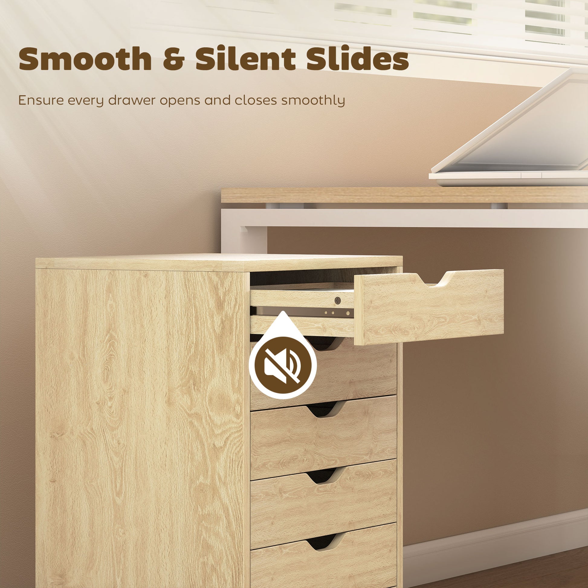 HOMCOM 6 Drawer Vertical File Cabinet, Mobile Filing Cabinet with Quiet Drawers and Wheels with 2 Brakes, Oak Wood Effect