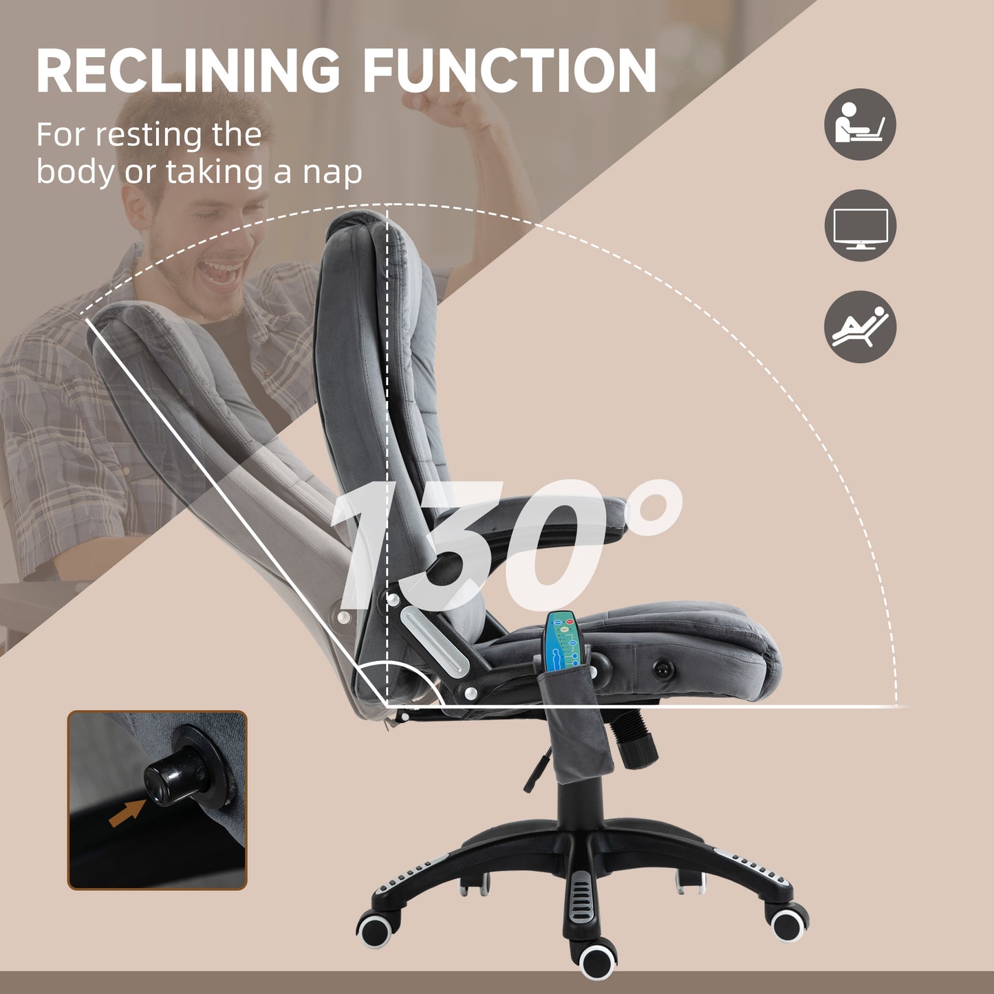 Vinsetto Massage Recliner Chair Heated Office Chair with Six Massage Points Velvet-Feel Fabric 360Â° Swivel Wheels Grey