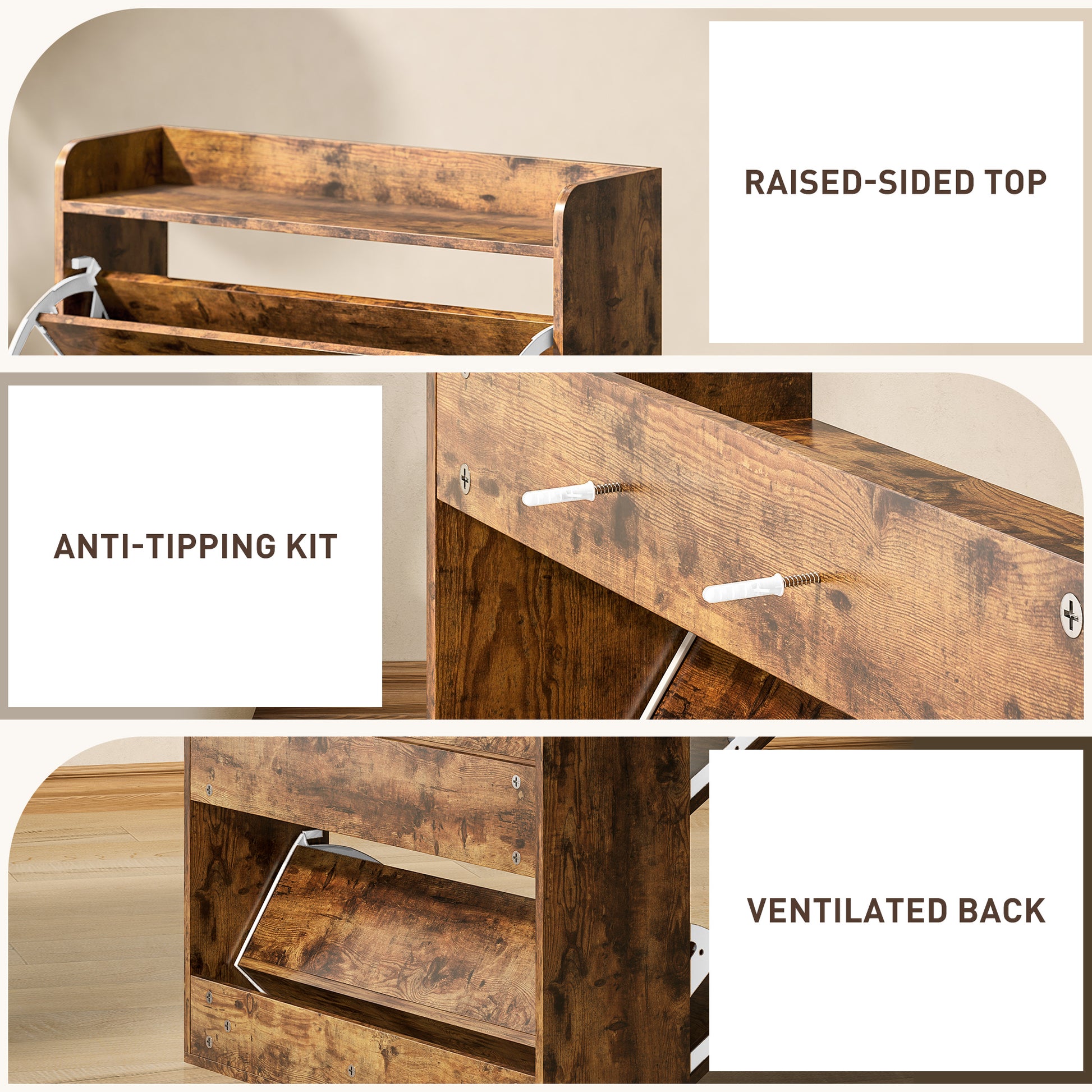 HOMCOM Two Flip Drawer Narrow Shoe Cabinet with Adjustable Shelves - Rustic Brown - LiamsBargains.co.uk