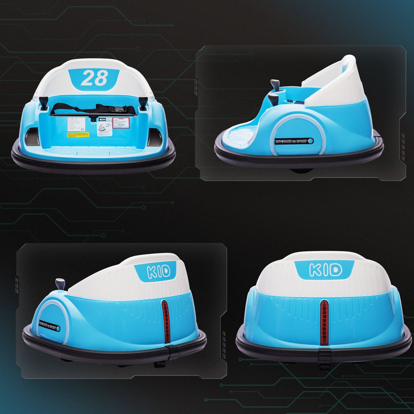 AIYAPLAY 360Â° Rotation Kids Bumper Car, 12V Waltz Car with Remote Control, Dual Joystick, Music, Lights, Light Blue