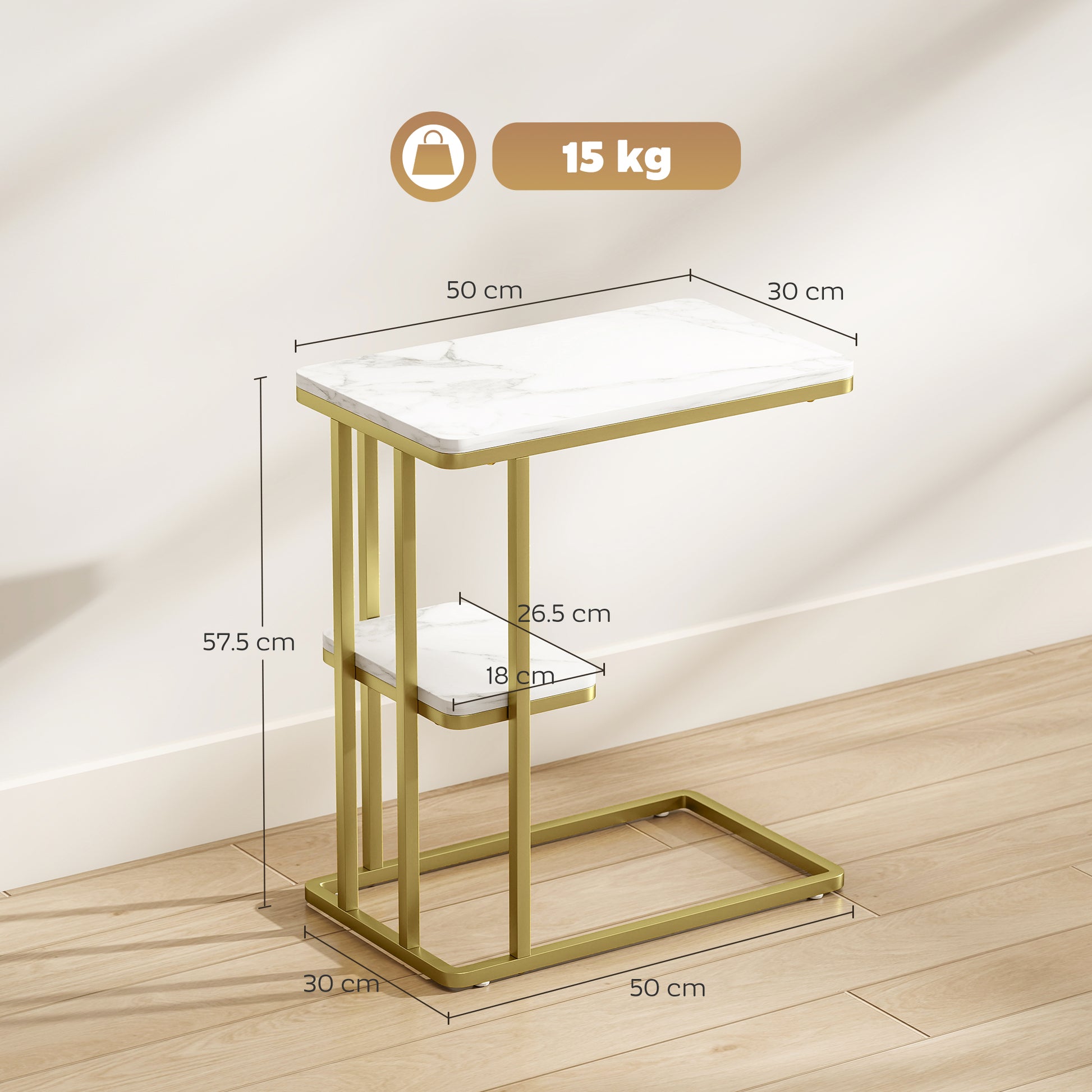 HOMCOM C-Shaped Narrow Side Table, 2-Tier Slim End Table, Nightstand for Small Spaces, Living Room, Bedroom, White Marble Grain