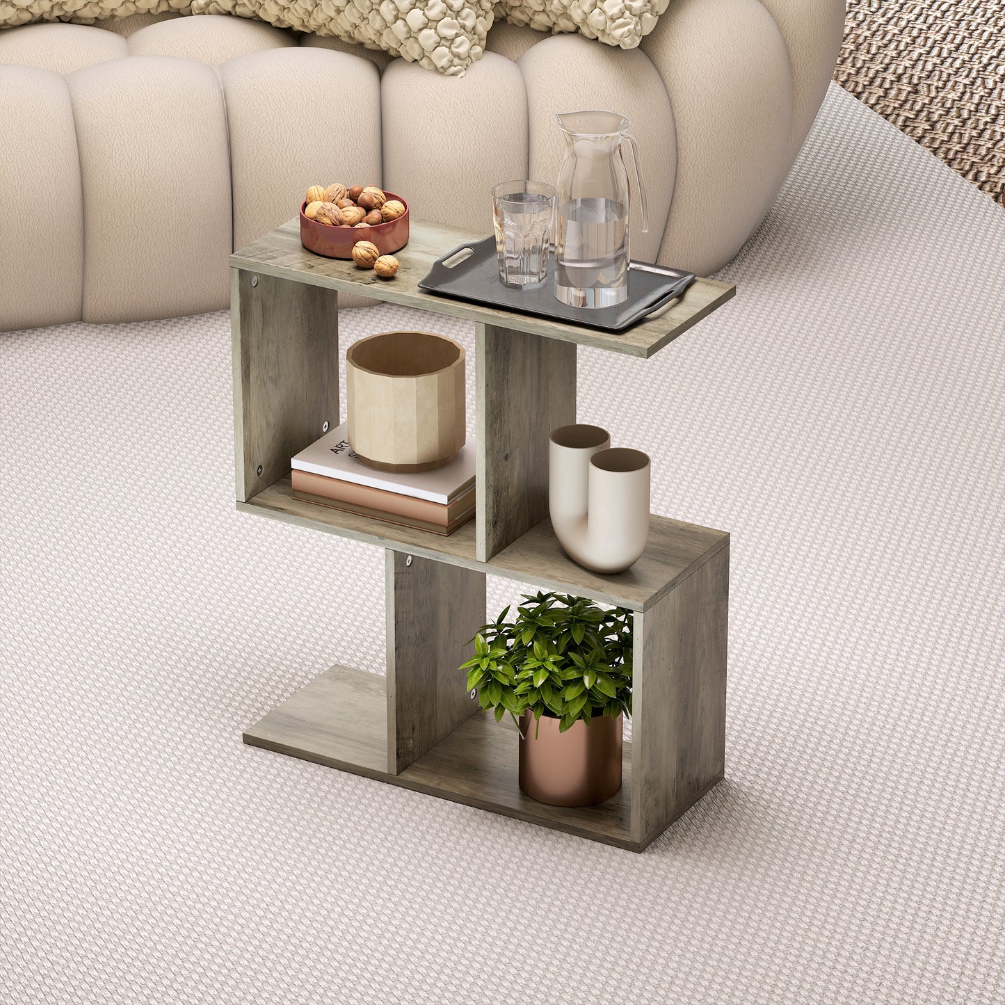 HOMCOM Side Table, Narrow End Table with Storage Shelves, S-Shaped, 3-Tier, 50W x 19.5D x 58H cm, Grey