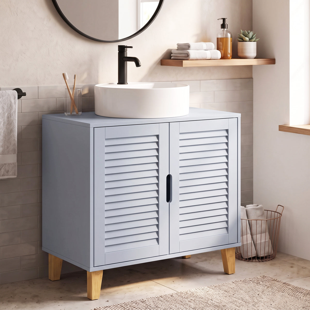 HOMCOM Under Sink Bathroom Cabinet Adjustable Shelf Under Sink Cabinet 2 Louvered Doors, Grey