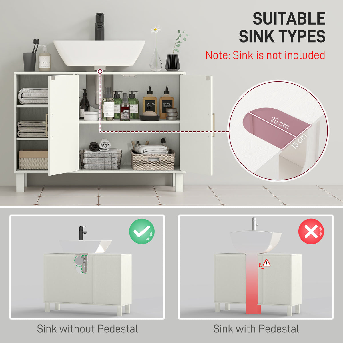 HOMCOM Under Sink Cabinet, Bathroom Sink Cabinet with U-Shaped Cutout, Two-Level Cupboard, Adjustable Shelf for Basin, Cream