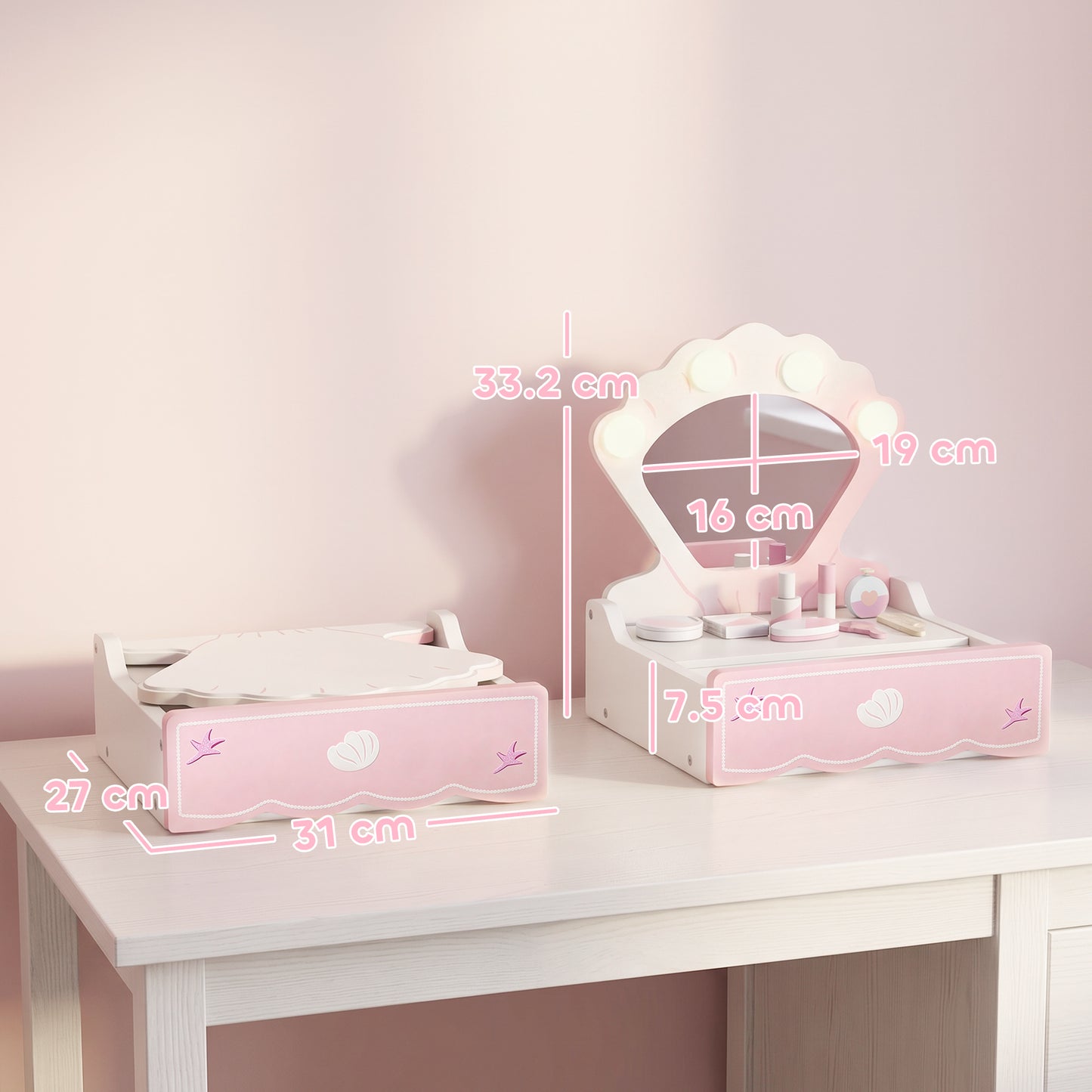 AIYAPLAY Kids Vanity Table, Portable Girls Dressing Table with Lights, Mirror, Drawer, Accessories, Gift for Girls 3-6 Years