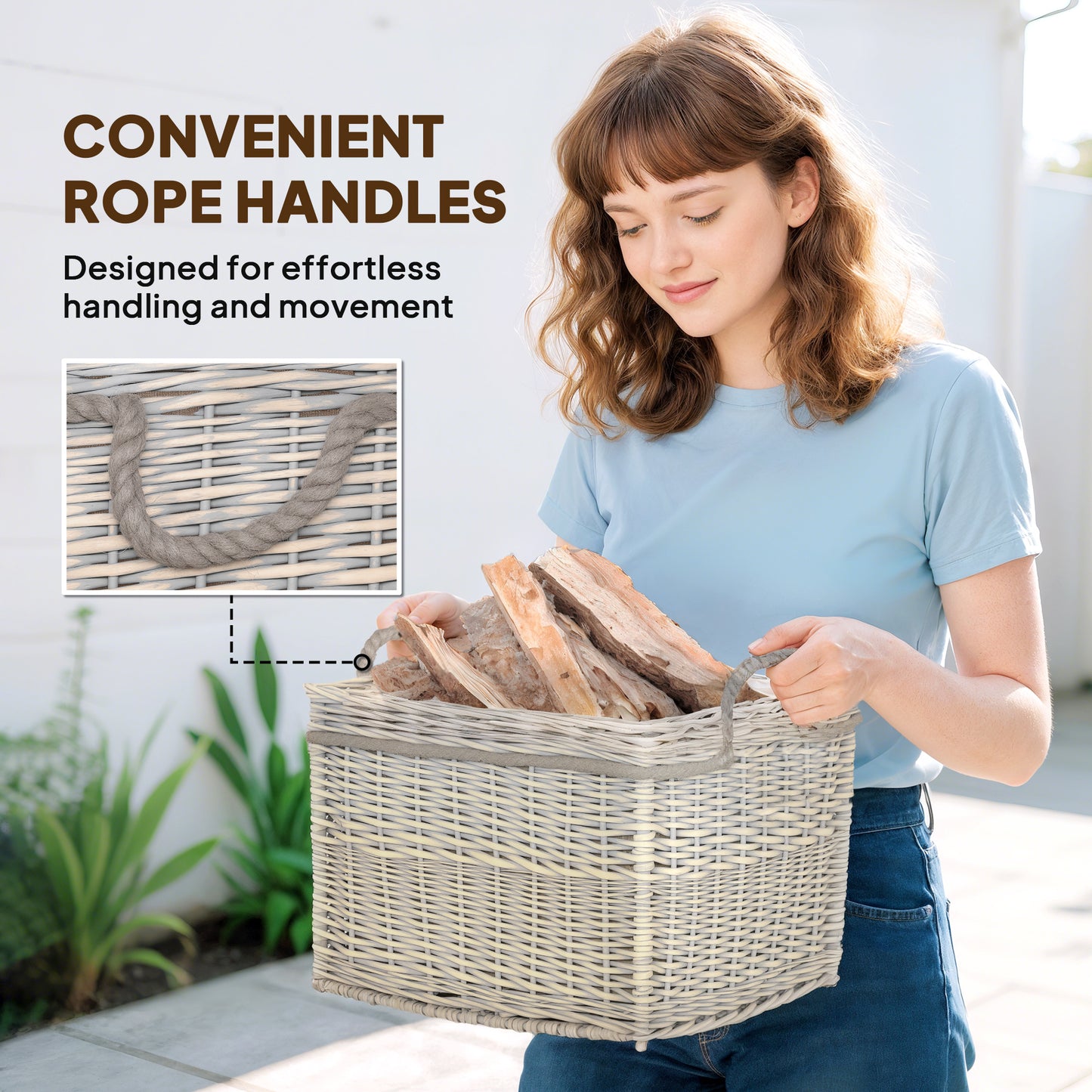 Outsunny Set of 3 Log Baskets for Wood Burner Indoor, Storage Basket with Lining and Rope Handles, Wicker Basket for Fireside Storage, Blankets, Beige