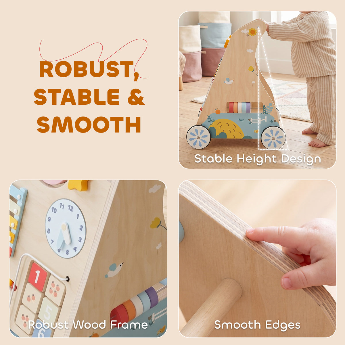AIYAPLAY Wooden Baby Walker with Detachable Double-Sided Activity Board, Push Along Walker, Gift for Boys Girls 1-3 Years