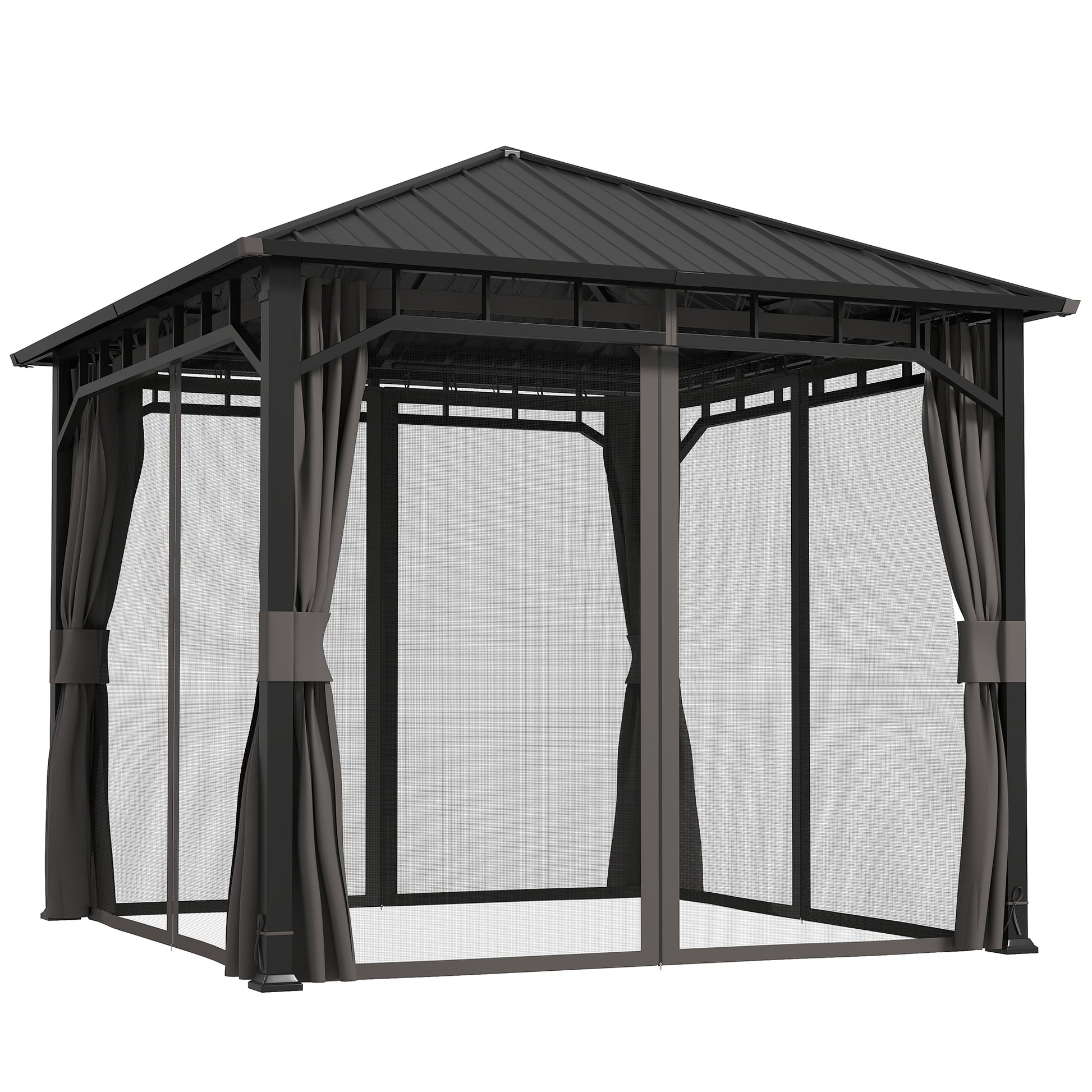 Outsunny 3 x 3(m) Hardtop Gazebo with Galvanised Steel Roof, Waterproof Permanent Pavilion Garden Gazebo with Netting and Curtains for Patio, Deck