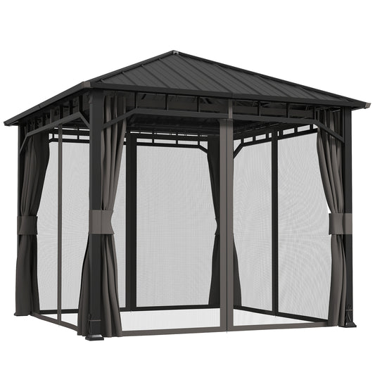 Outsunny 3 x 3(m) Hardtop Gazebo with Galvanised Steel Roof, Waterproof Permanent Pavilion Garden Gazebo with Netting and Curtains for Patio, Deck