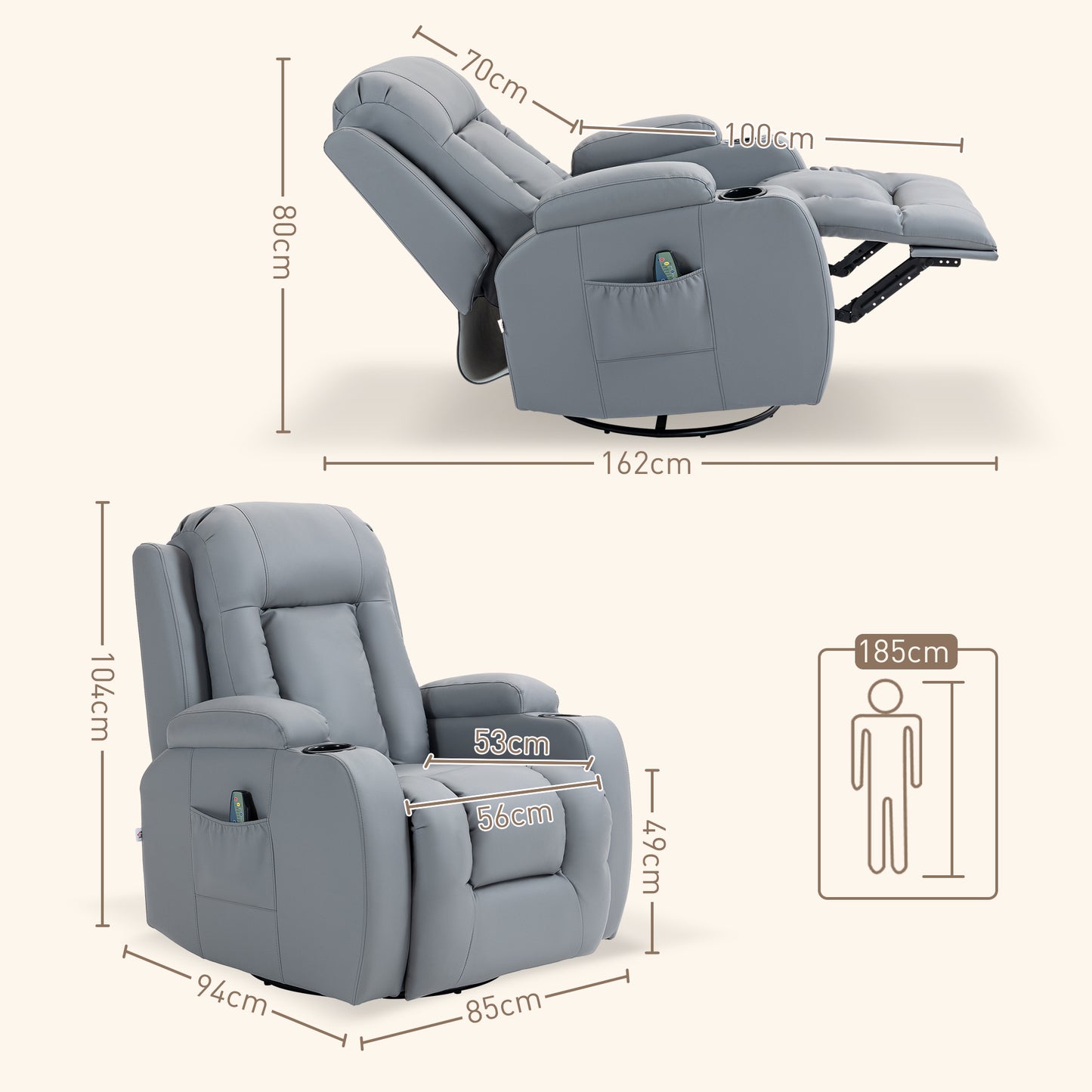 HOMCOM Massage Recliner Chair with 8 Vibration & Heat, PU Leather Recliner Armchair with Cup Holders and Side Pockets, Manual Reclining Chair with Remote, 360Â° Swivel, Rocking, Light Grey