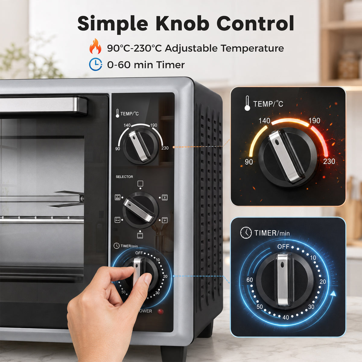 HOMCOM 36L Mini Oven with Convection, Electric Countertop Cooker with Rotisserie, 90â€“230Â°C Adjustable Temperature, 1500 W