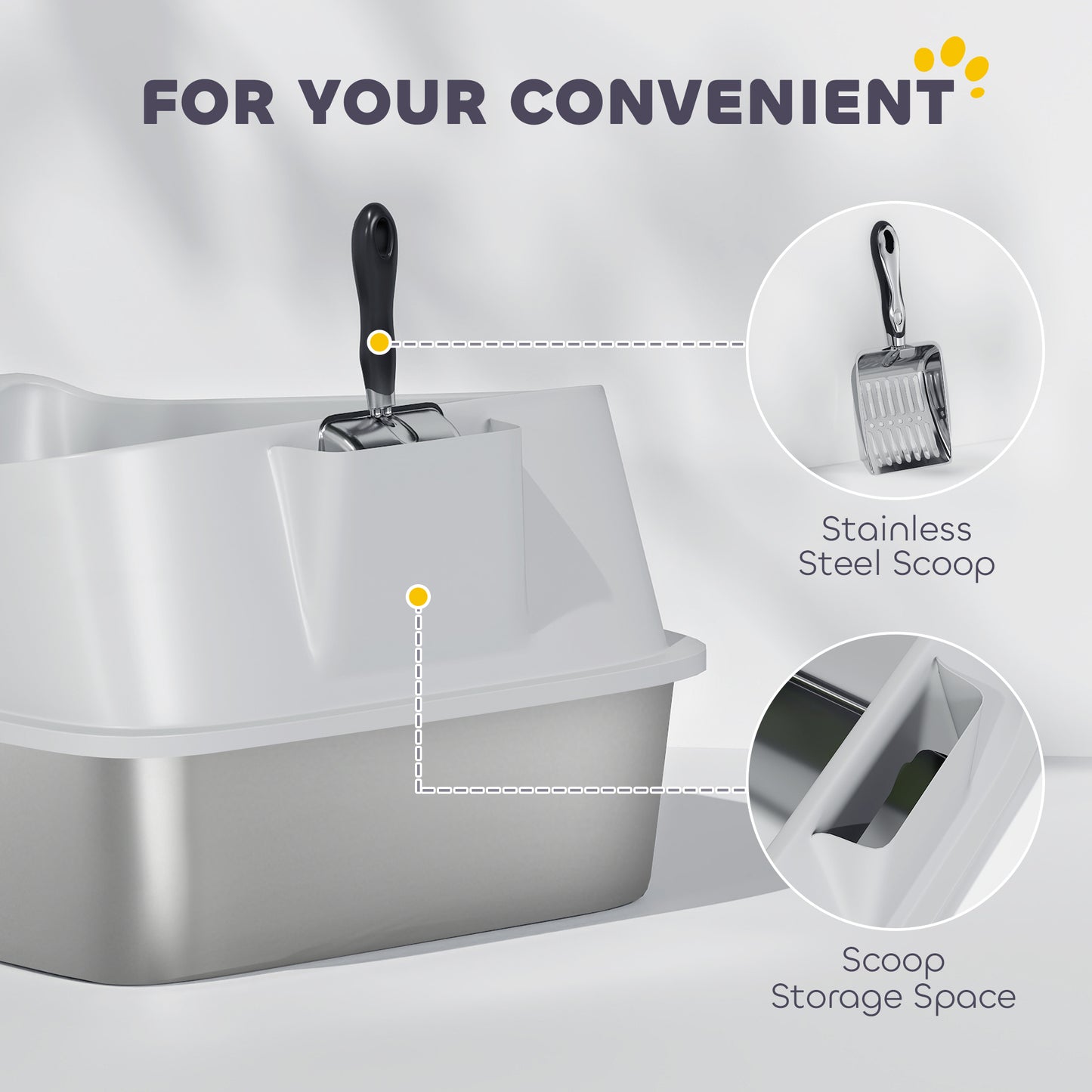 PawHut XL Stainless Steel Cat Litter Box with High Sides, Metal Scoop, 60 x 40 x 30 cm