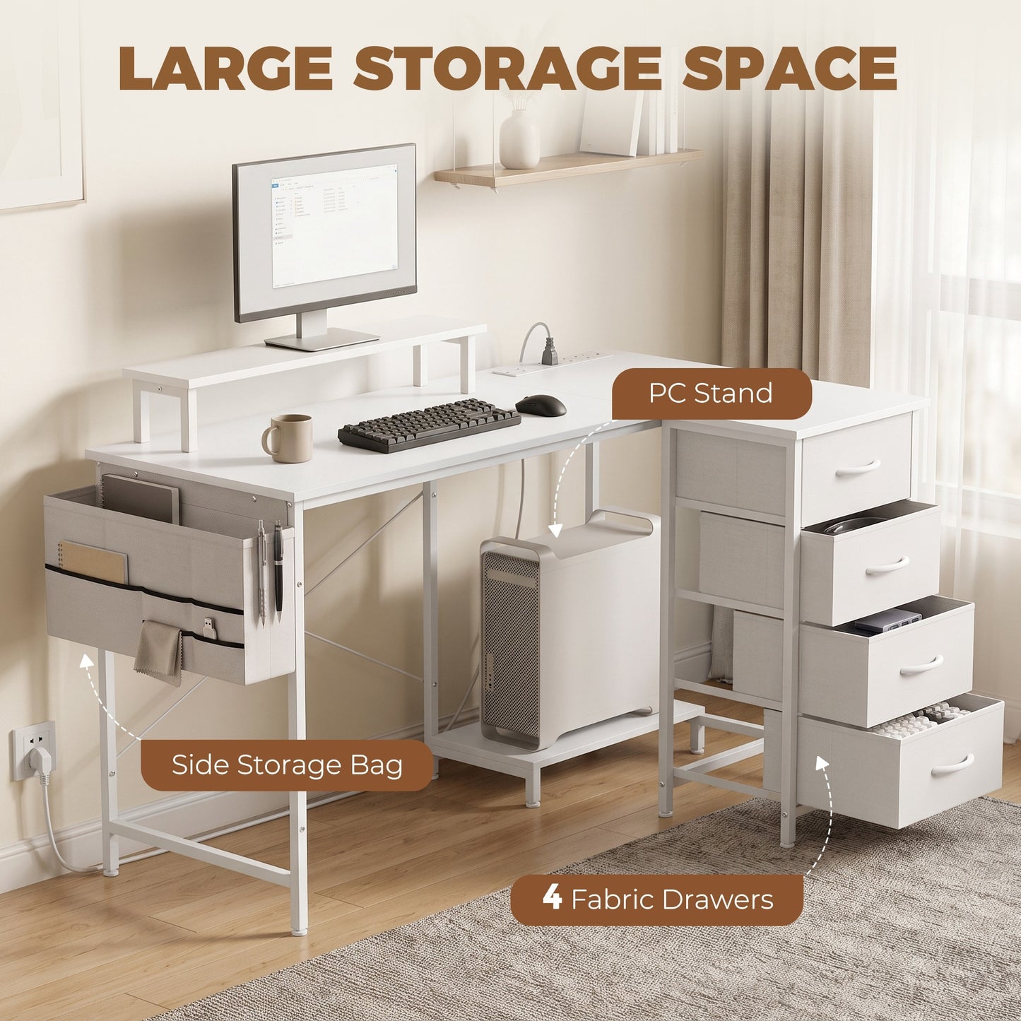 HOMCOM L Shaped Gaming Desk Reversible Power Outlets Corner Desk Storage Drawers Monitor Shelf 150 cm White