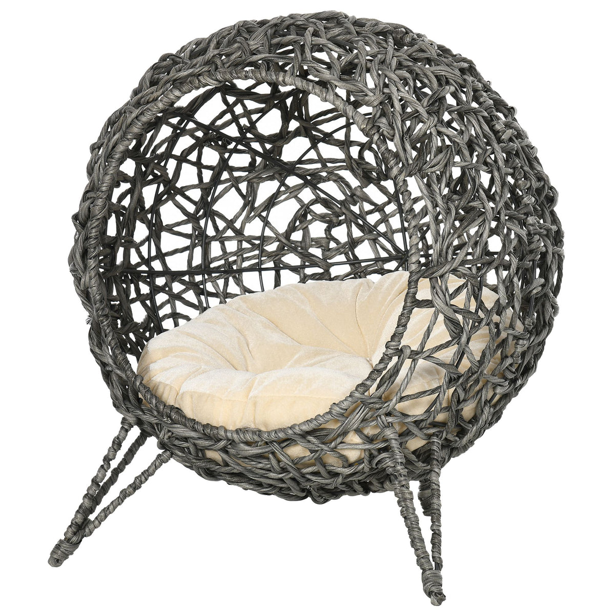 PawHut Raised Rattan Cat House, with Cushion - Silver-Tone & Grey