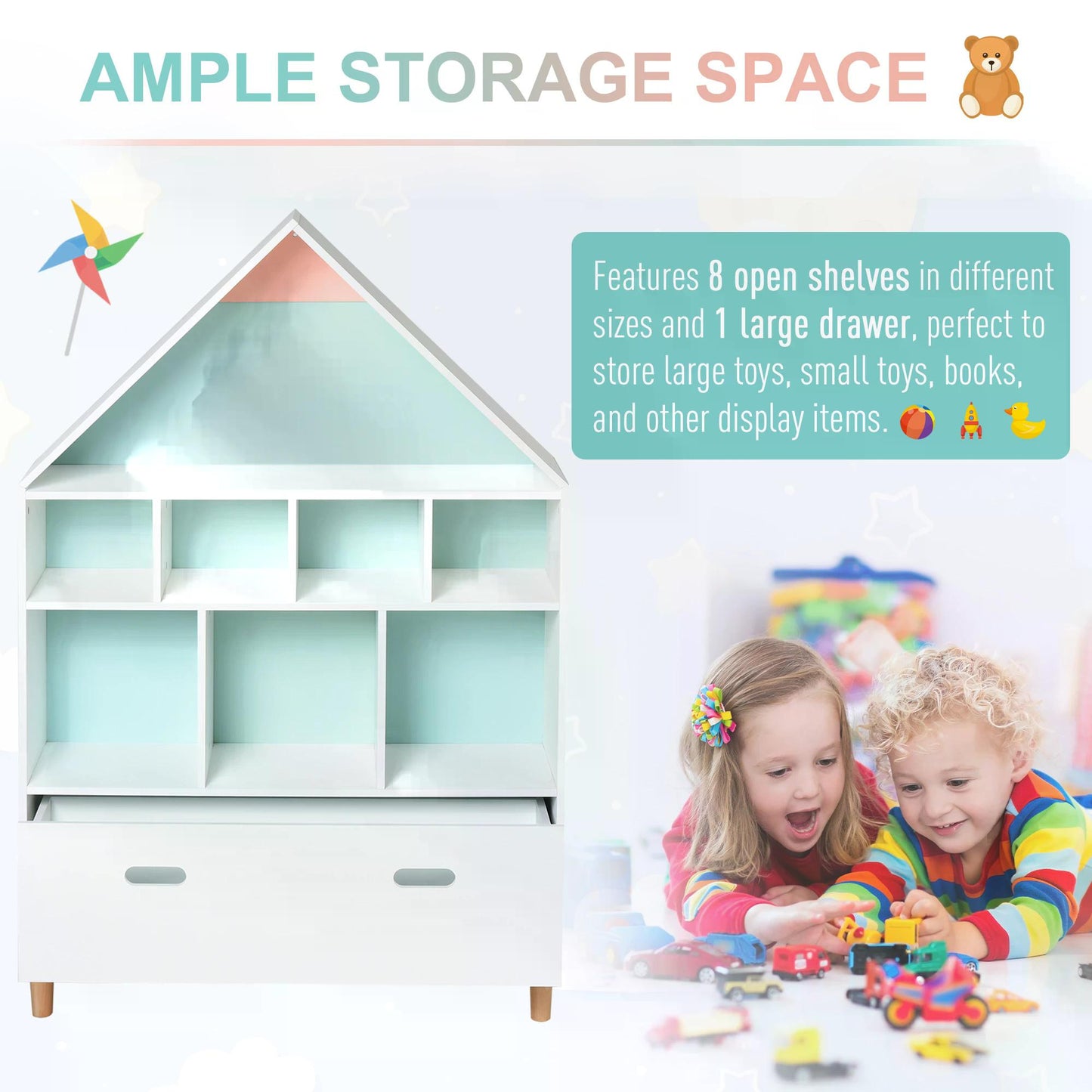 HOMCOM Kids House-Designed Bookshelf, with Drawer â€“ Blue & White