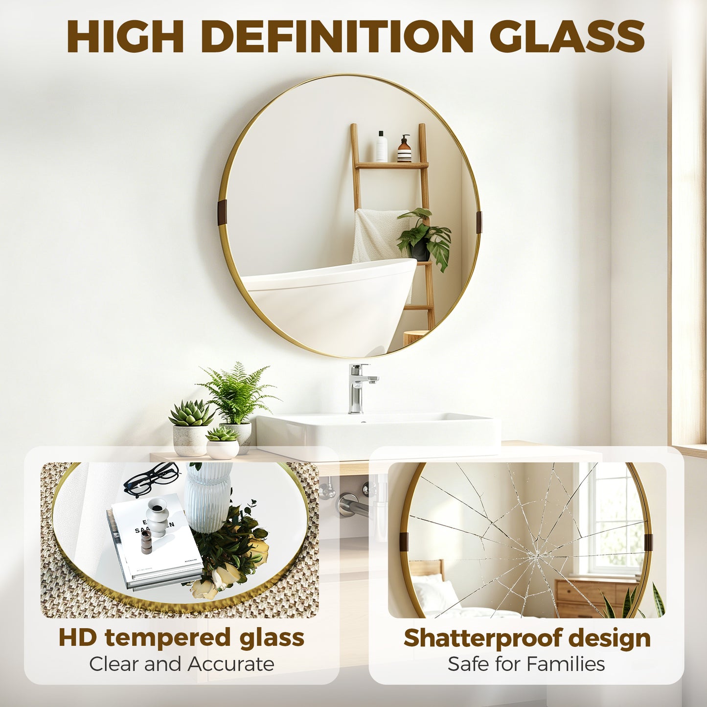 HOMCOM Round Wall Mirror 61 cm, Wall Mounted Bathroom Mirror with Tempered Safety Glass and Aluminium Alloy Frame, Gold Tone