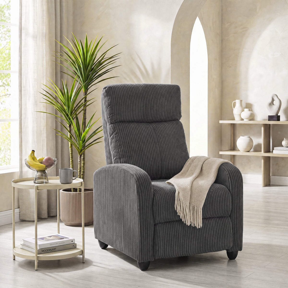 HOMCOM Recliner Armchair, Corduroy Push Back Reclining Chair with Thick Padding, Dark Grey