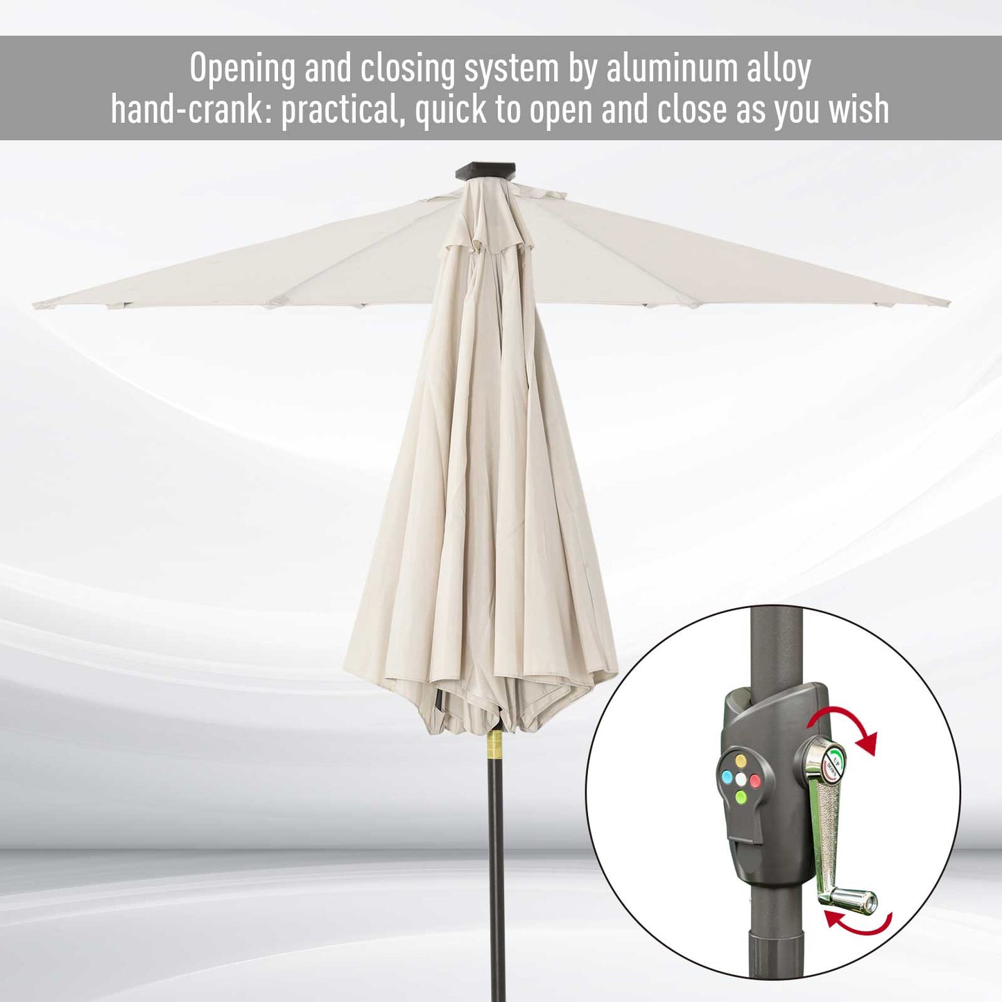 Outsunny Î¦2.7m Garden 24 LED Light Parasol Solar Outdoor Tilt Sun Umbrella Patio Club Party Event Manual Sun Shade w/ Hand Crank and 8 Ribs, Off-white