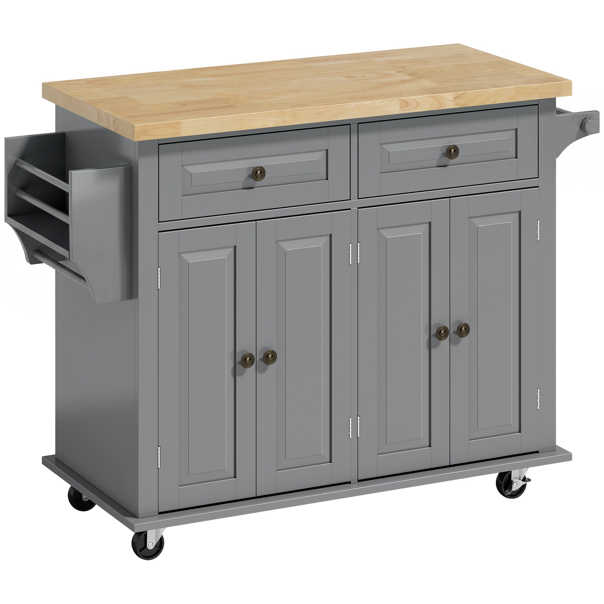 HOMCOM Rolling Kitchen Island Storage Trolley with Rubber Wood Top & Drawers for Dining Room, Grey Default Title