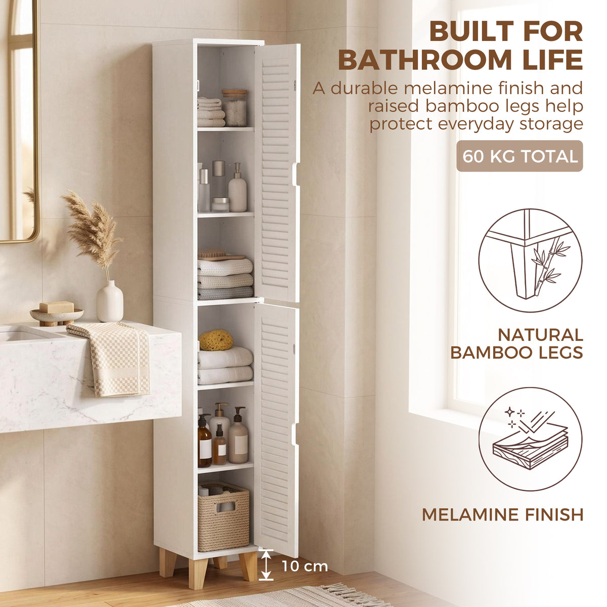 HOMCOM 170cm Tall Bathroom Storage Cabinet, Freestanding Bathroom Cabinet with Louvered Doors, Adjustable Shelf, White