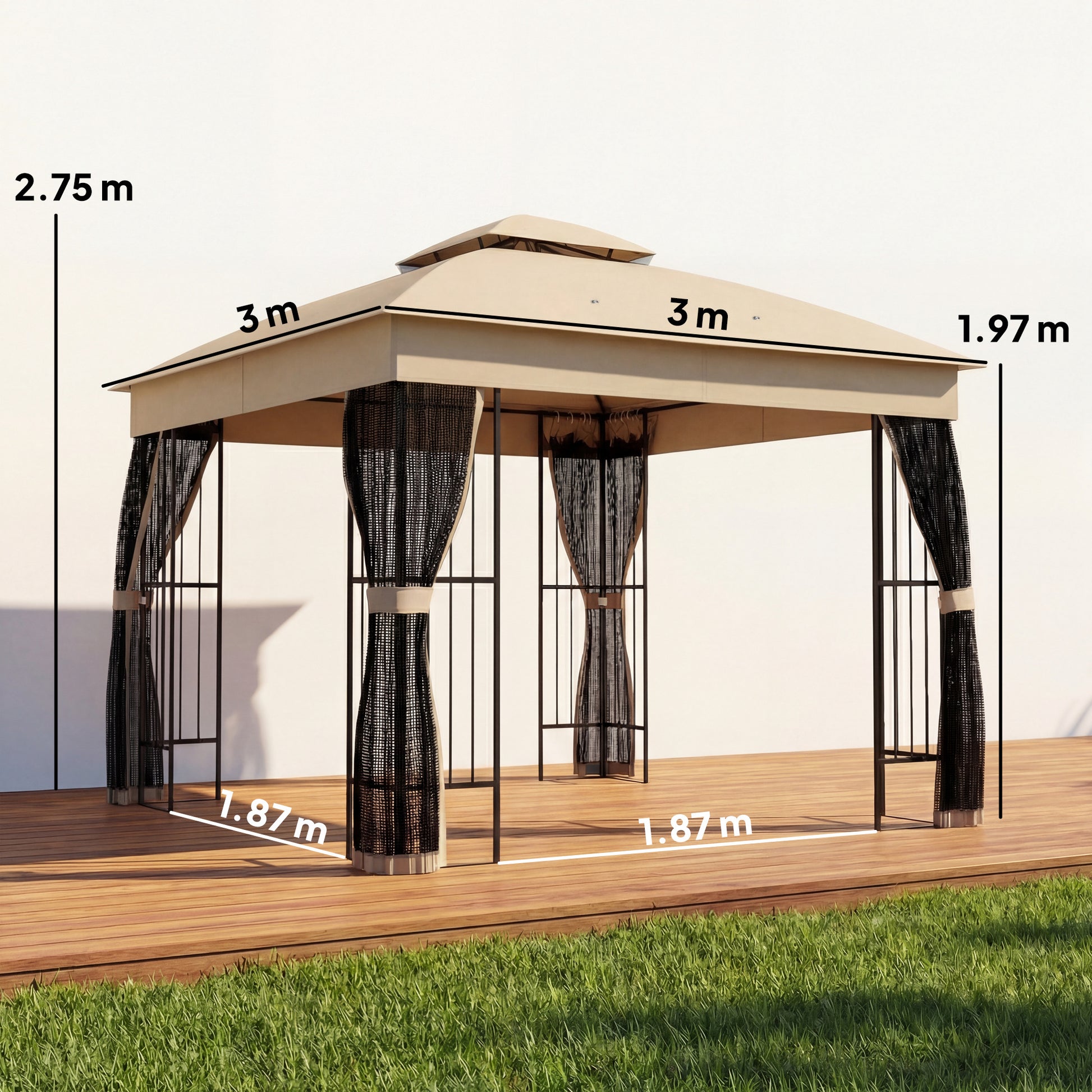 Outsunny 3 x 3 m Outdoor Garden Gazebo with Post Shelves, UPF50+ DoubleÂ Roof Patio Permanent Pavilion, Brown