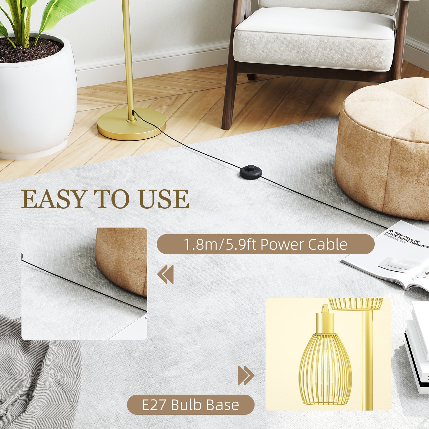 HOMCOM 3-Light Floor Lamp, 170cm Industrial Dimmable Standing Lamp with Steel Wire Cage Lampshades for Living Room, Bedroom, Dining Room, Study, Bulb Not Included, Gold Tone