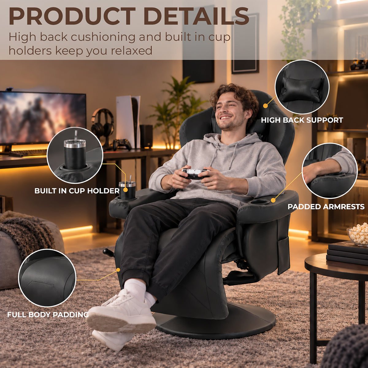 HOMCOM Manual Recliner Armchair PU Leather Lounge Chair w/ Adjustable Leg Rest, 135Â° Reclining Function, 360Â° Swivel, Black