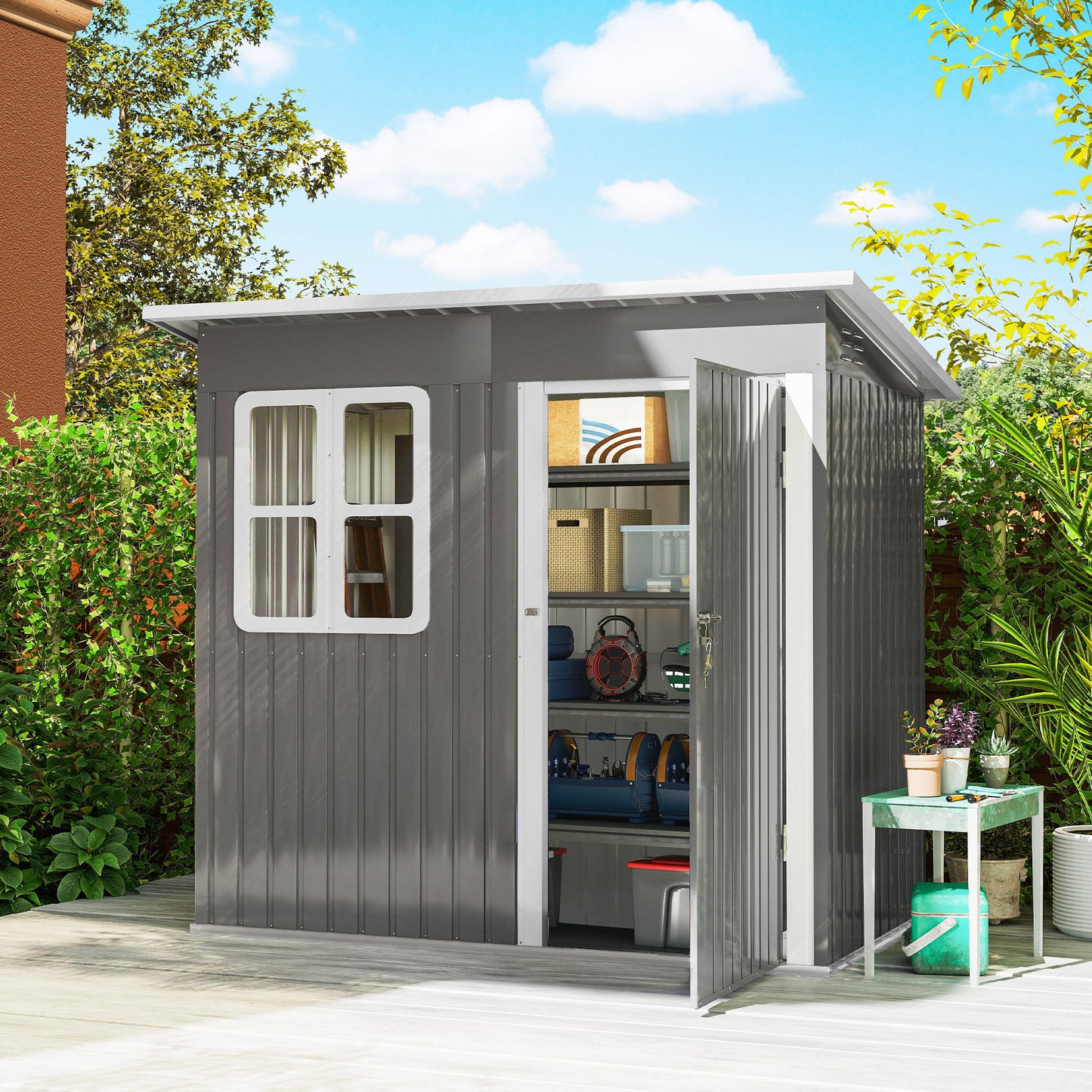 Outsunny 7 x 4ft Eco-friendly Galvanised Steel Garden Shed, with Lock and Gloves, 40kg/ãŽ¡ Snow Capacity - Grey