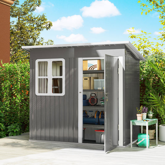 Outsunny 7 x 4ft Eco-friendly Galvanised Steel Garden Shed, with Lock and Gloves, 40kg/ãŽ¡ Snow Capacity - Grey