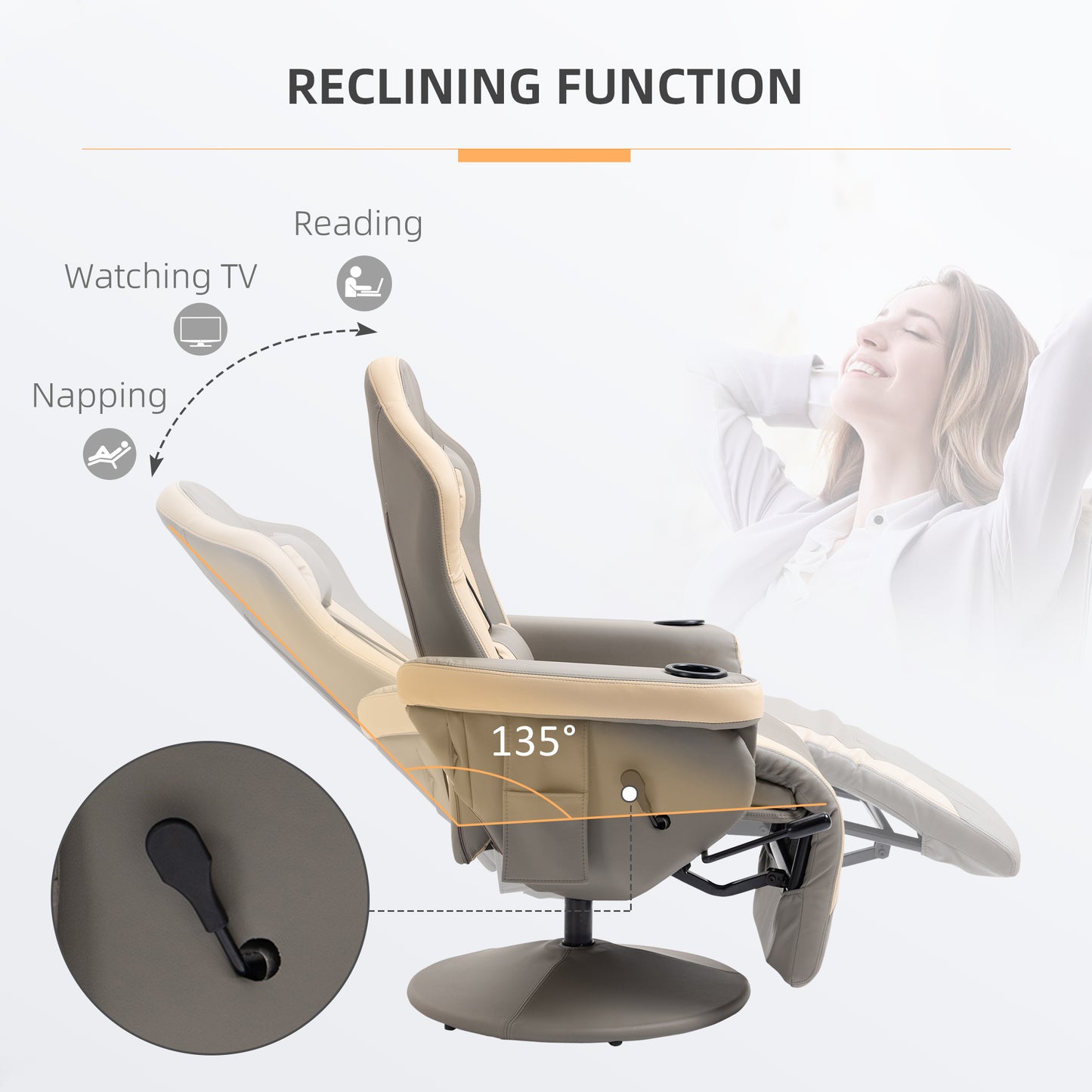 HOMCOM Manual Recliner Armchair PU Leather Lounge Chair w/ Adjustable Leg Rest, 135° Reclining Function, 360Â° Swivel, Grey