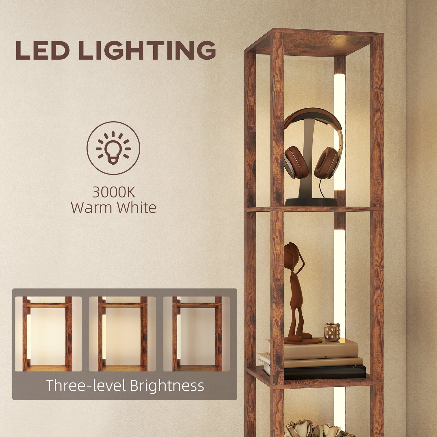 HOMCOM Floor Lamp with Shelves, LED Column Modern Standing Lamp with Fabric Drawer, Adjustable Brightness, Foot Switch for Living Room, Bedroom, Office, Rustic Brown