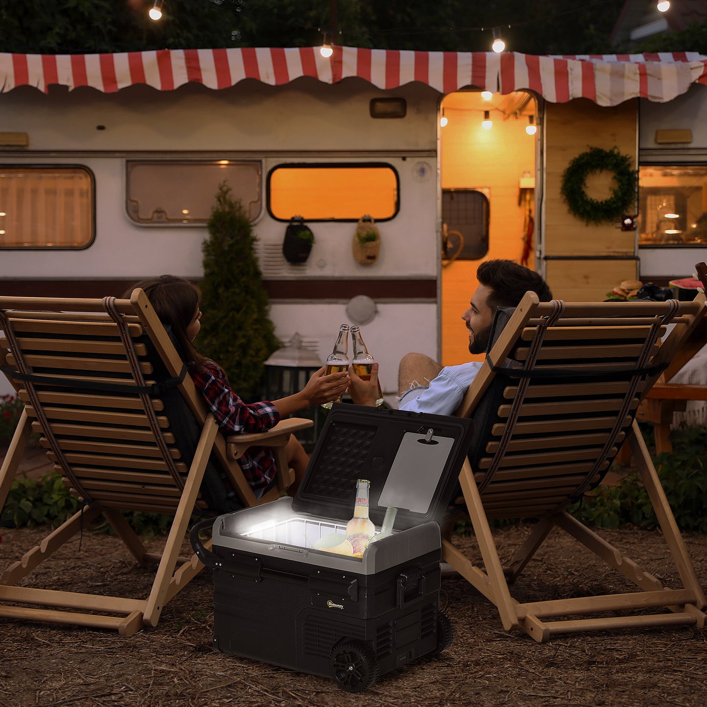 Outsunny 40L Car Refrigerator, Portable Compressor Cooler Box, Fridge Freezer w/ Inner LED Light, Foldable Handles, Cup Holders, 12/24V DC and 110-240V AC for Campervan RV Boat Travel Down to -20â„ƒ