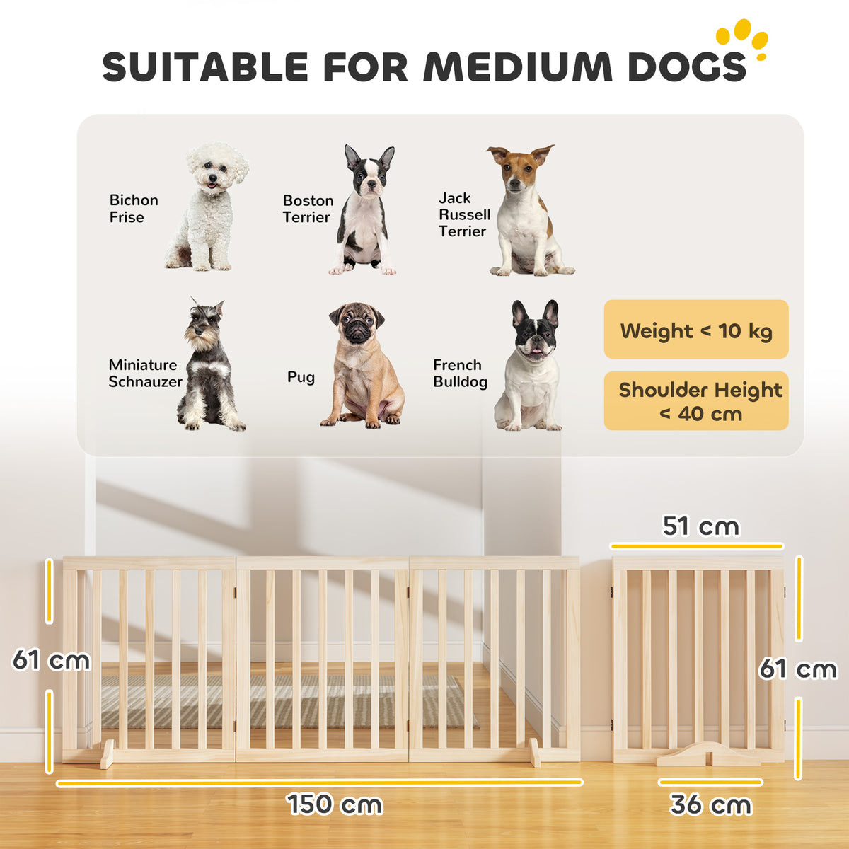 PawHut Wooden Dog Gate, 3-Panel Freestanding Pet Gates Indoor with 2 Support Feet and 360Â° Flexible Hinges, Natural