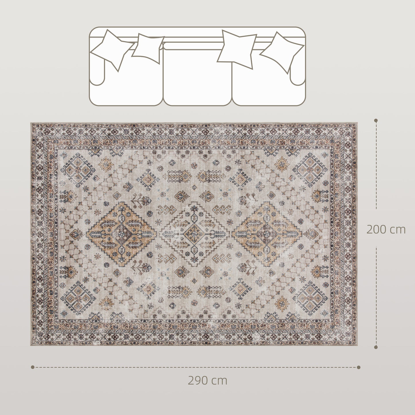 HOMCOM Vintage Area Rug, Non-Slip Washable Rug, Flannel Floor Carpet for Living Room, Bedroom, Dining Room, Home Office, 290 x 200 cm, Beige