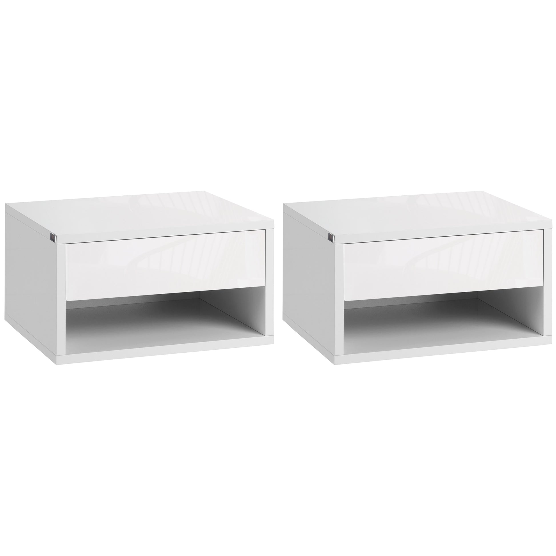 HOMCOM Set of Two Floating Bedside Tables - High Gloss White