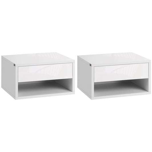 HOMCOM Set of Two Floating Bedside Tables - High Gloss White