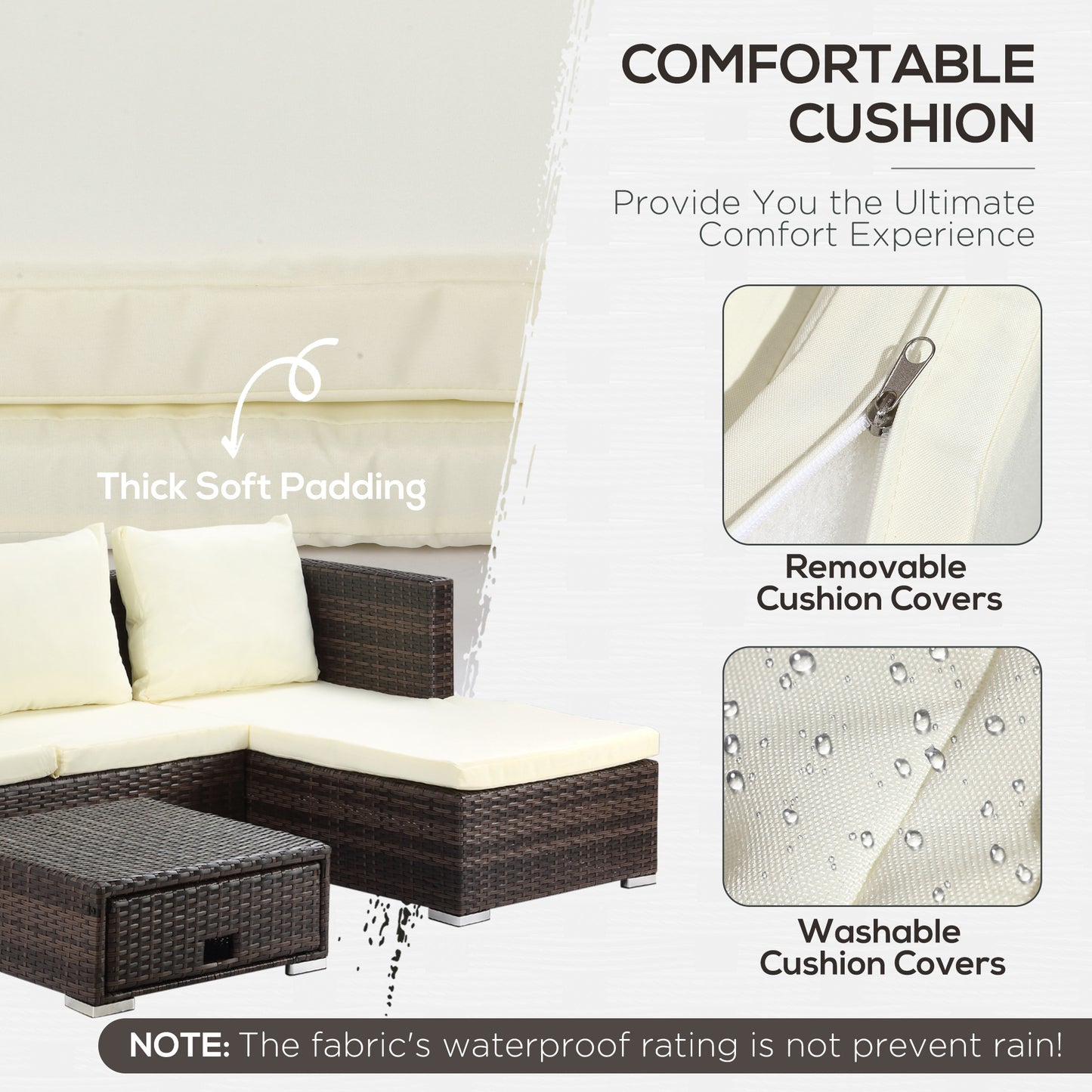 Outsunny 3 Pieces Rattan Garden Furniture Sofa Set, 4 Seater Garden Corner Sofa with 5-Level Reclining Sun Lounger and Storage Coffee Table, Outdoor Furniture Conservatory Set with Cushions, Brown