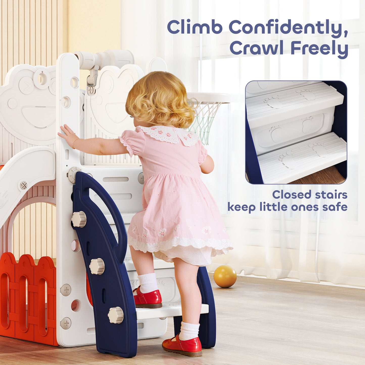 AIYAPLAY 5 in 1 Kids Slide Set with Basketball Hoop, Climbing Frame, Telescope, Storage Box for Toddlers Ages 1-3, Orange